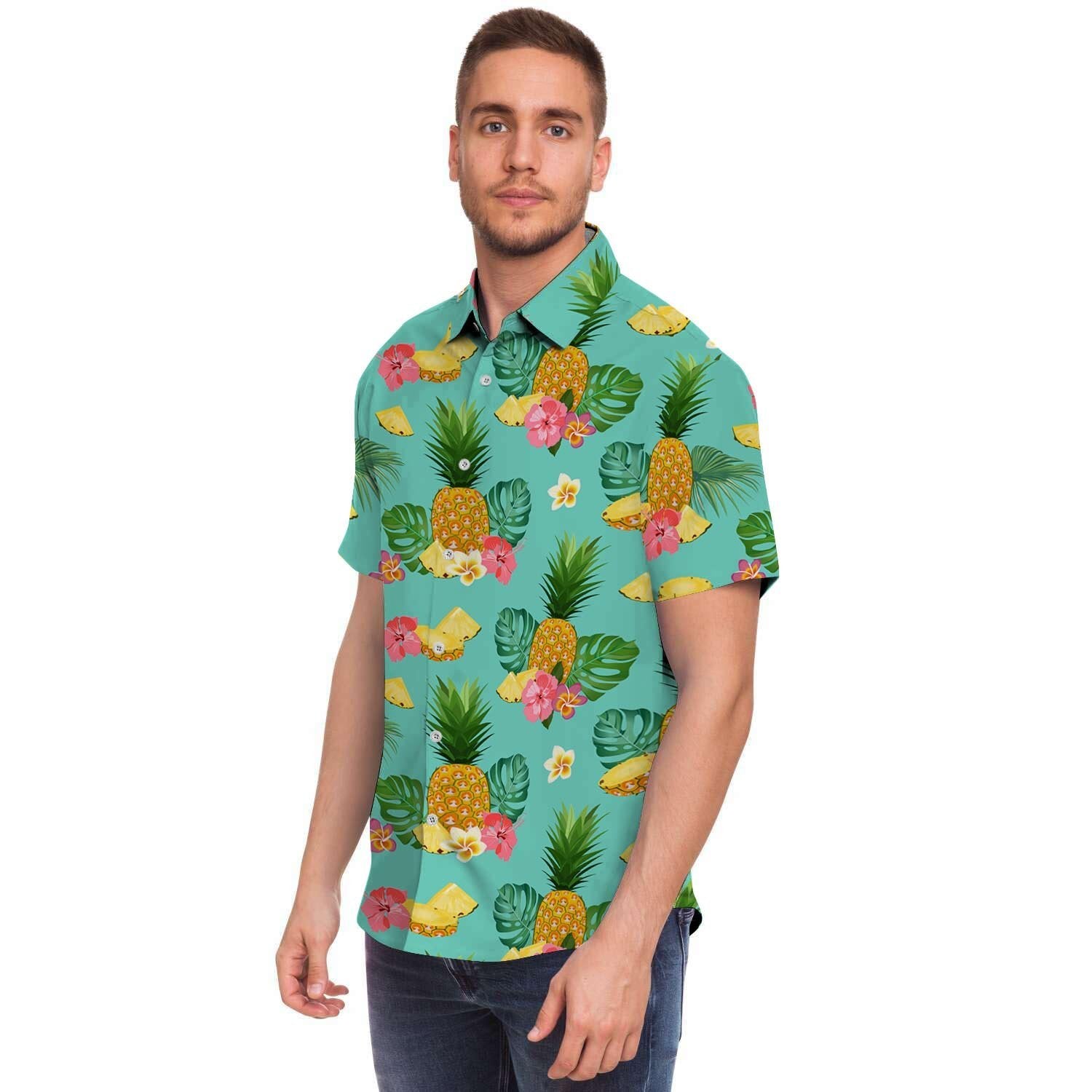 Slice Tropical Pineapple Print Men Print Short Sleeve Button-Up Shirts