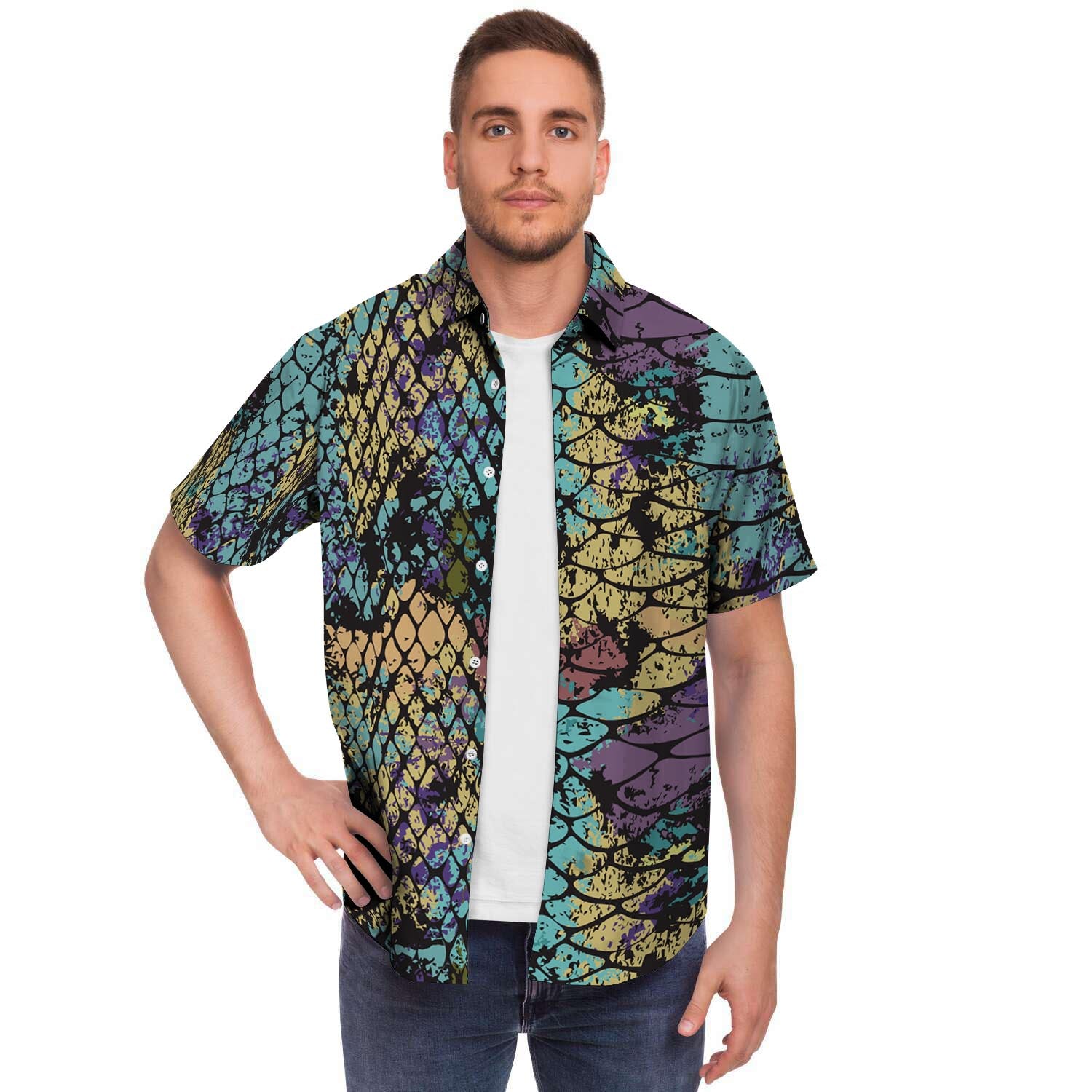 Snakeskin Reptile Men Print Short Sleeve Button-Up Shirts