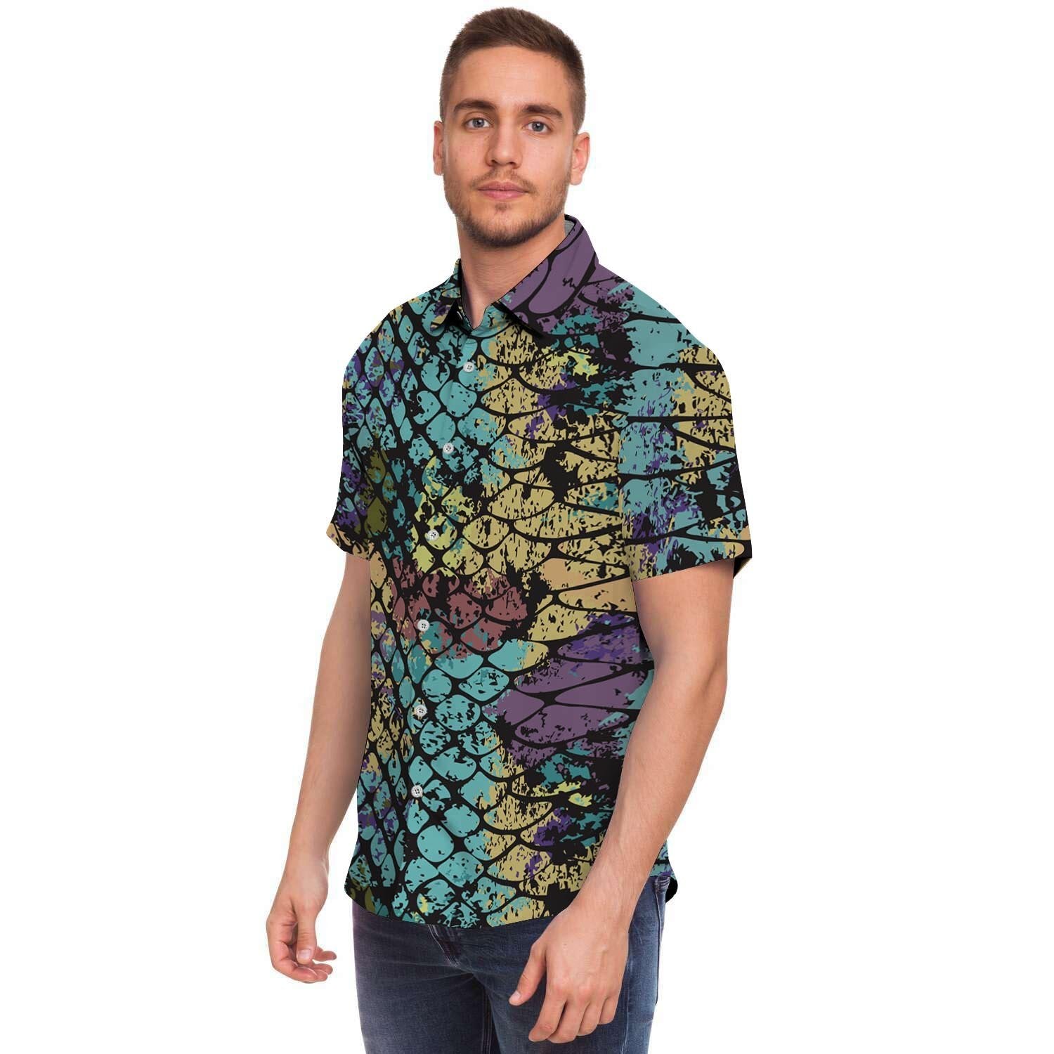 Snakeskin Reptile Men Print Short Sleeve Button-Up Shirts