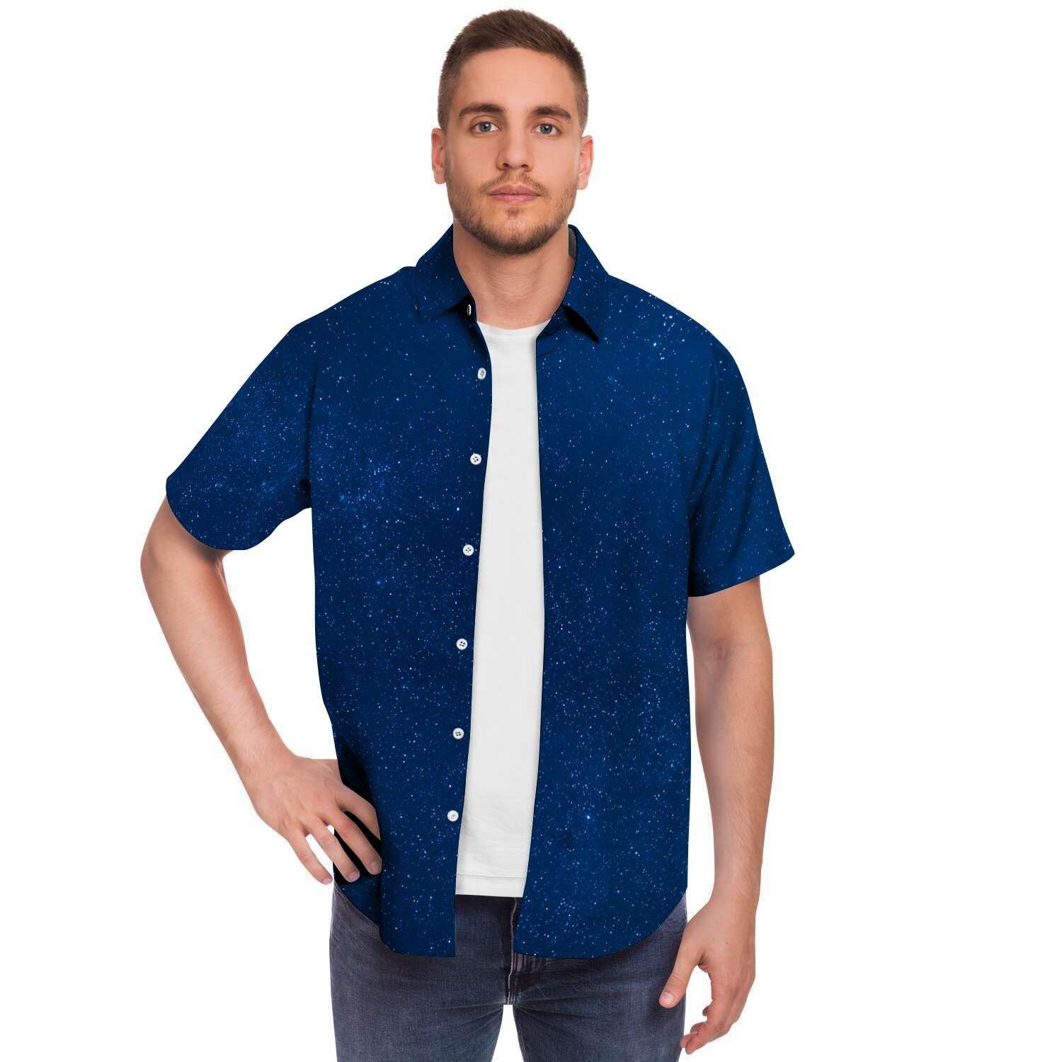 Space Blue Galaxy Men Print Short Sleeve Button-Up Shirts