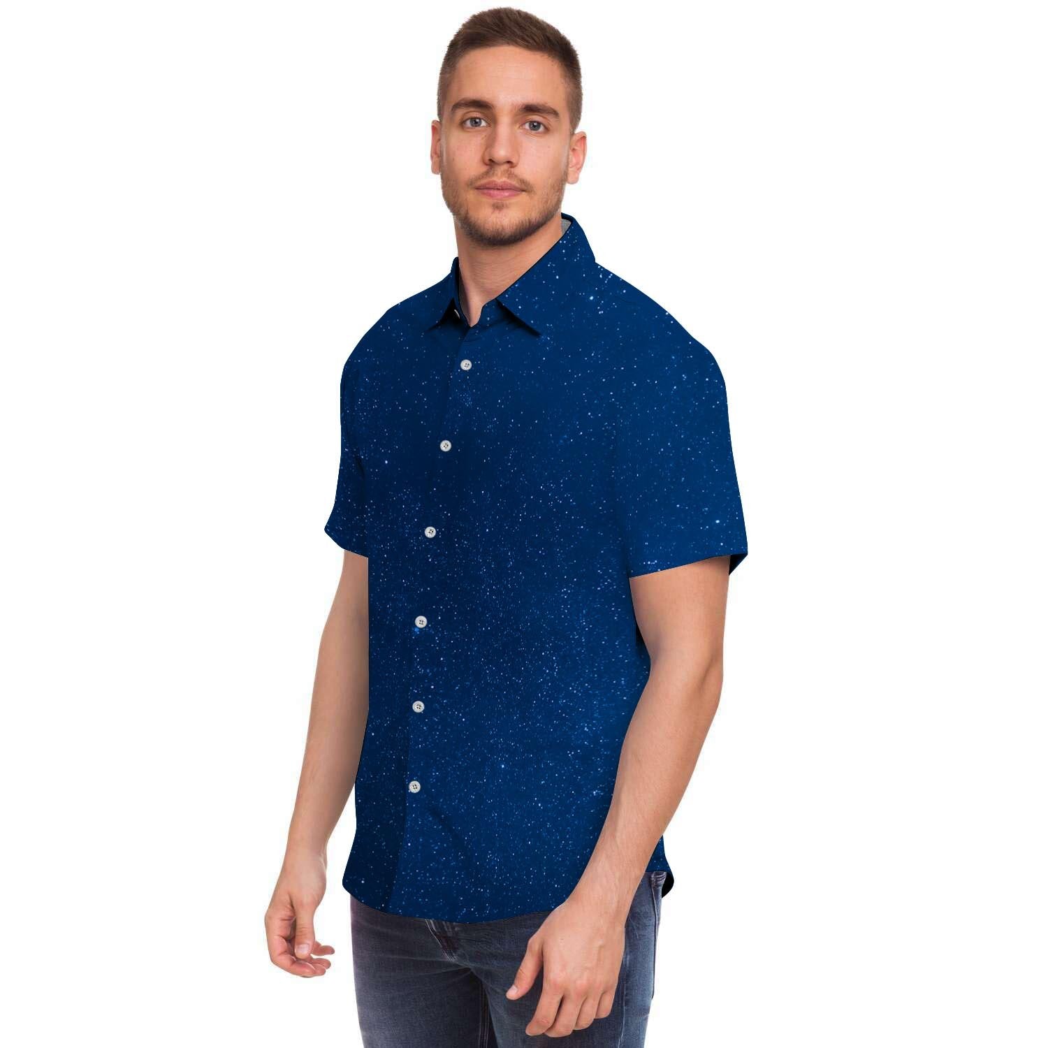 Space Blue Galaxy Men Print Short Sleeve Button-Up Shirts