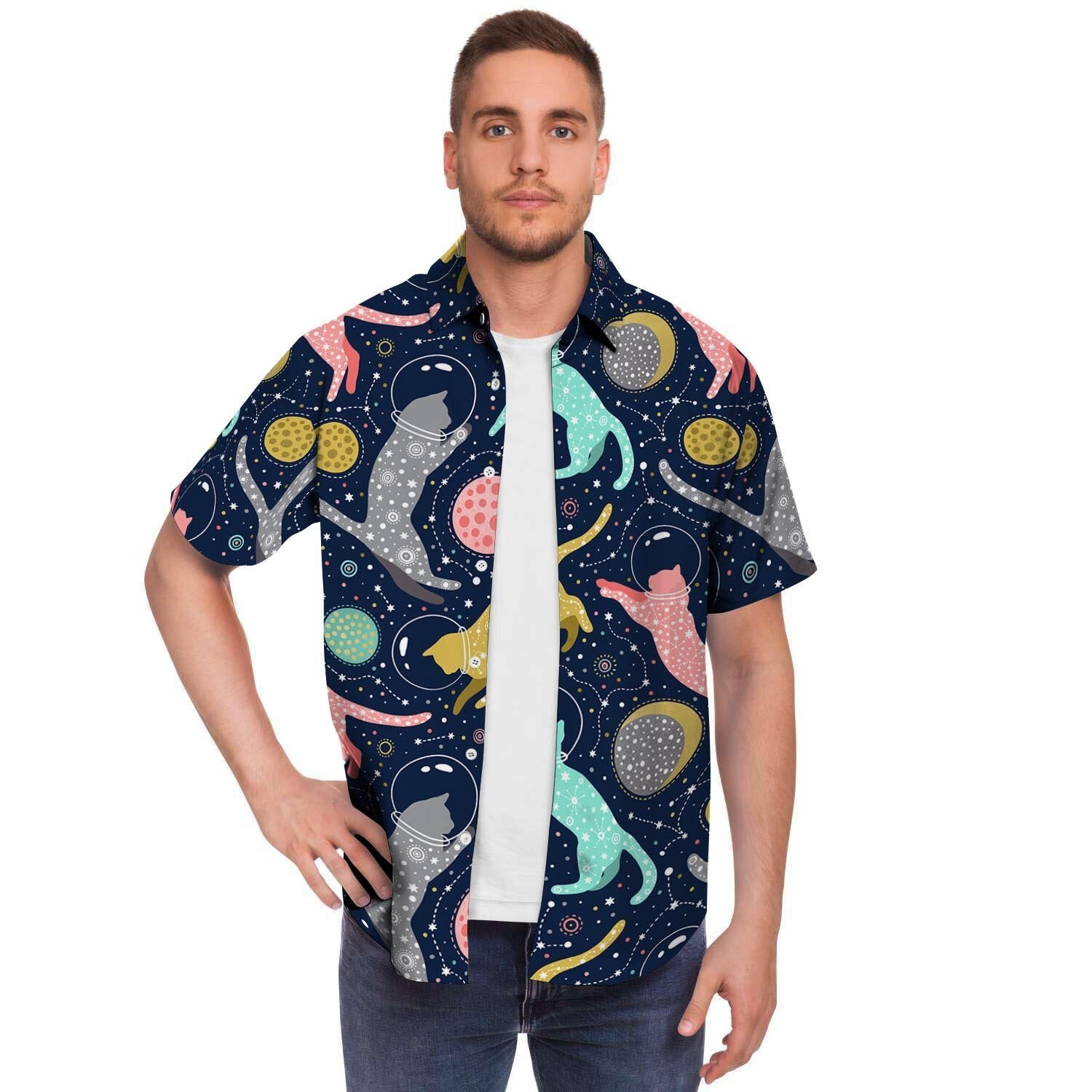 Space Cat Print Men Print Short Sleeve Button-Up Shirts