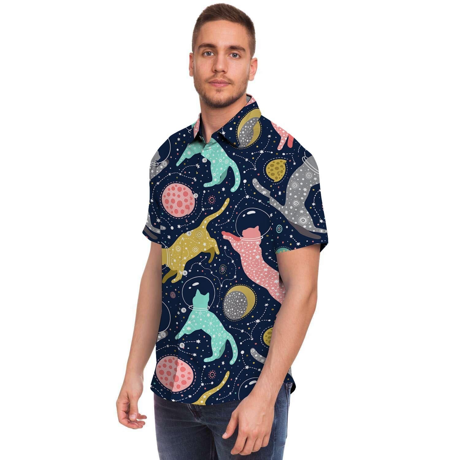 Space Cat Print Men Print Short Sleeve Button-Up Shirts