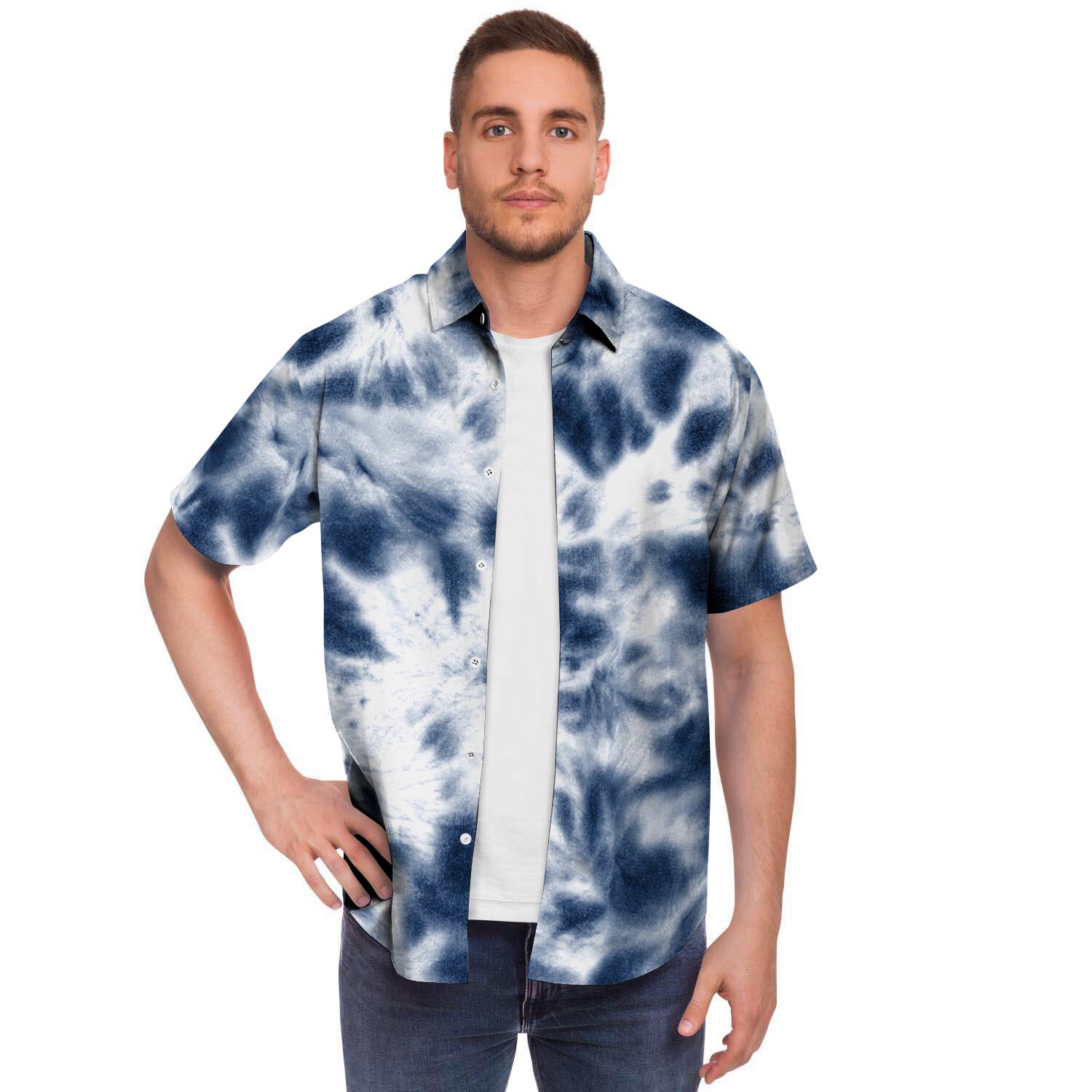 Spiral Blue Tie Dye Men Print Short Sleeve Button-Up Shirts