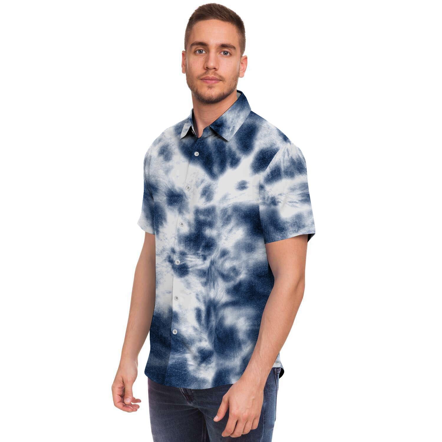Spiral Blue Tie Dye Men Print Short Sleeve Button-Up Shirts