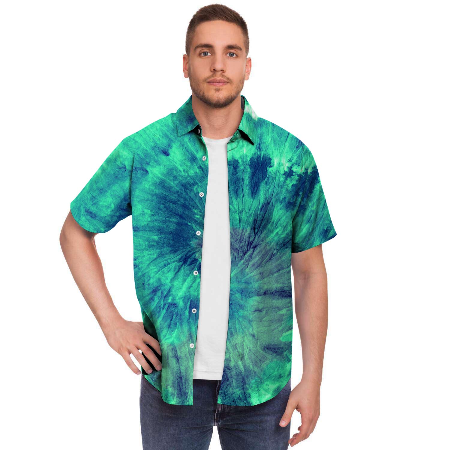Spiral Green Tie Dye Men Print Short Sleeve Button-Up Shirts