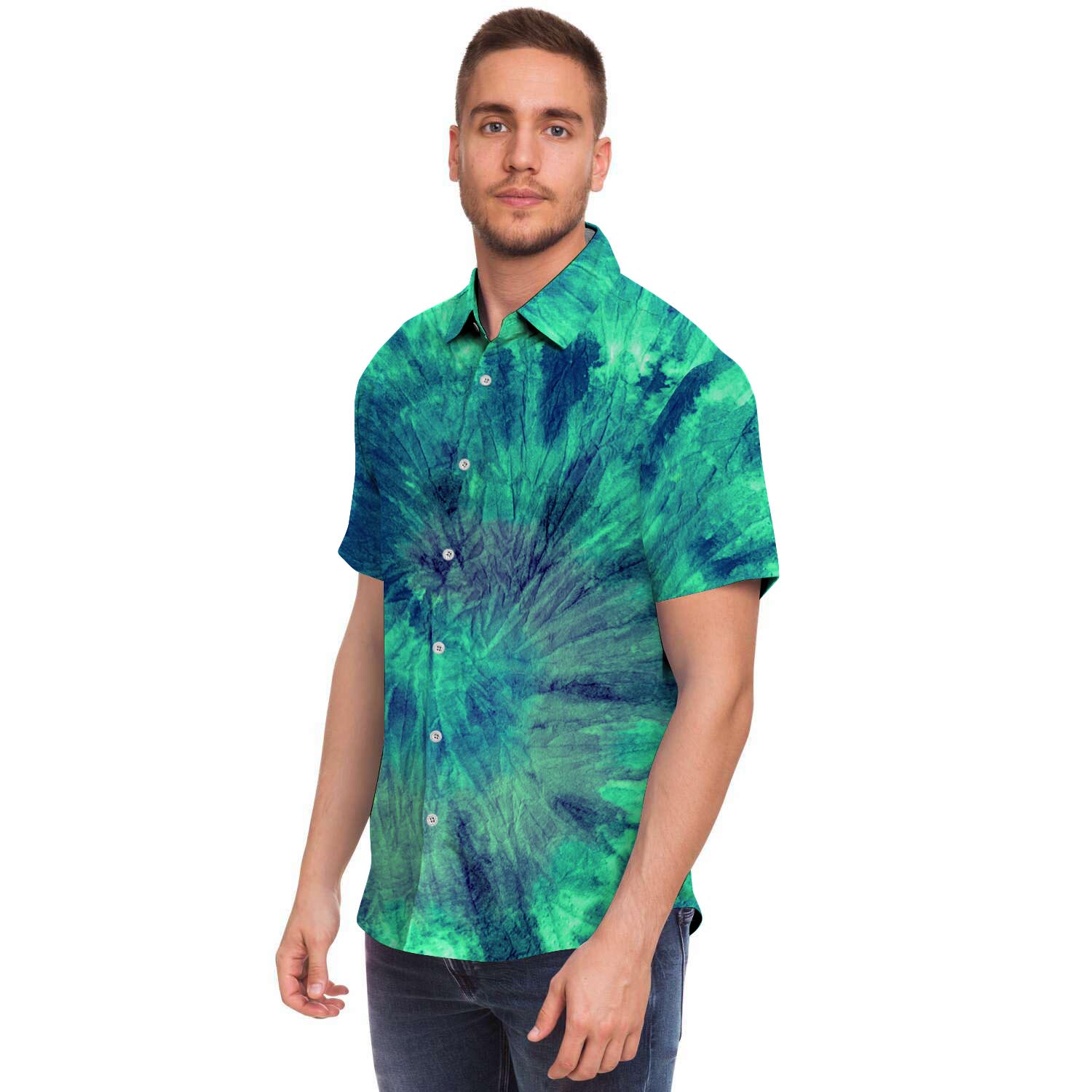 Spiral Green Tie Dye Men Print Short Sleeve Button-Up Shirts