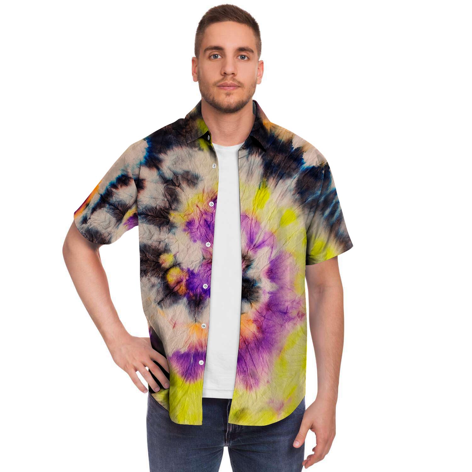 Spiral Hippie Tie Dye Men Print Short Sleeve Button-Up Shirts
