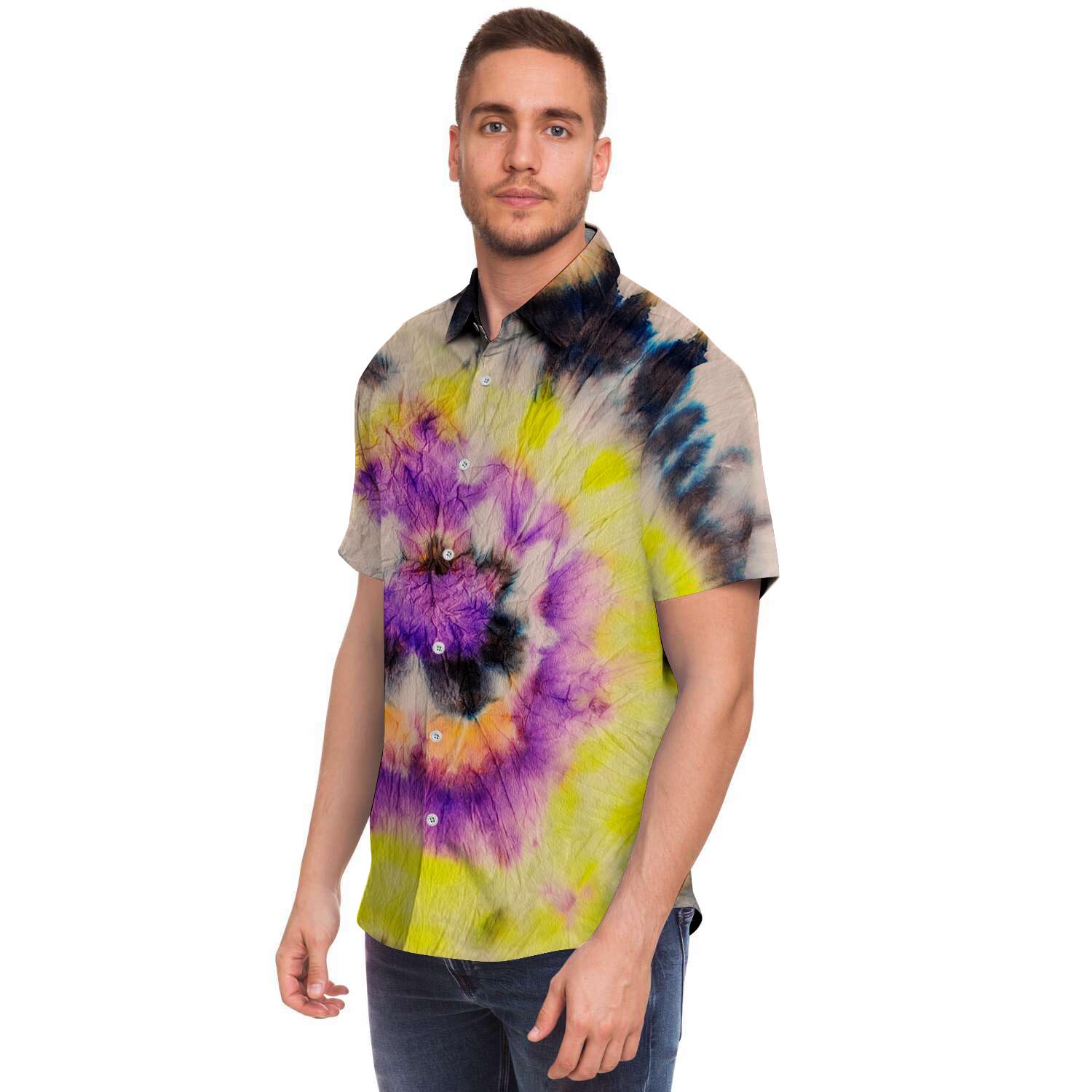 Spiral Hippie Tie Dye Men Print Short Sleeve Button-Up Shirts