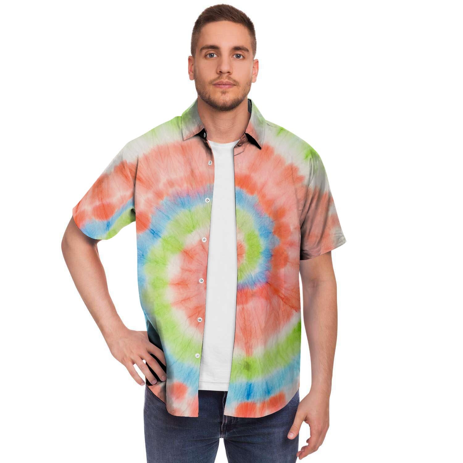 Spiral Tie Dye Men Print Short Sleeve Button-Up Shirts