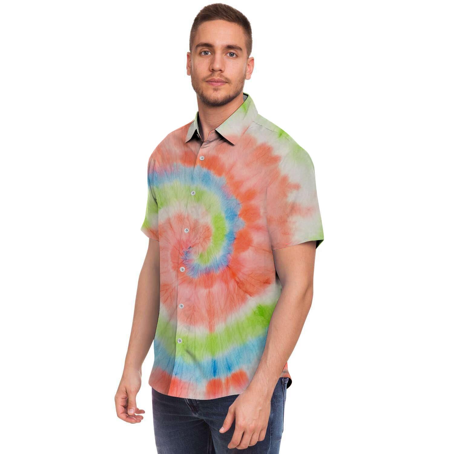 Spiral Tie Dye Men Print Short Sleeve Button-Up Shirts