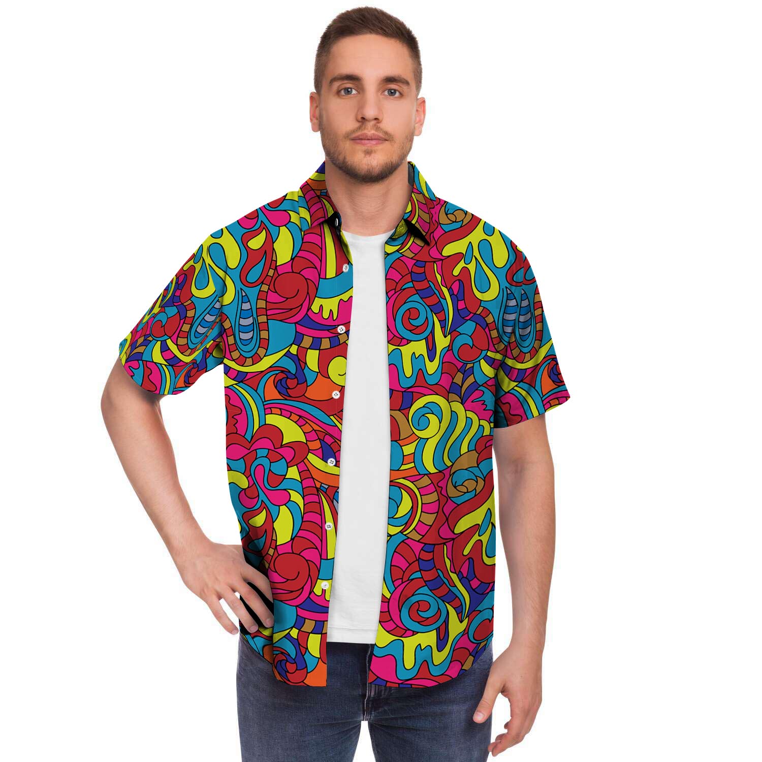 Stained Glass Psychedelic Trippy Men Print Short Sleeve Button-Up Shirts