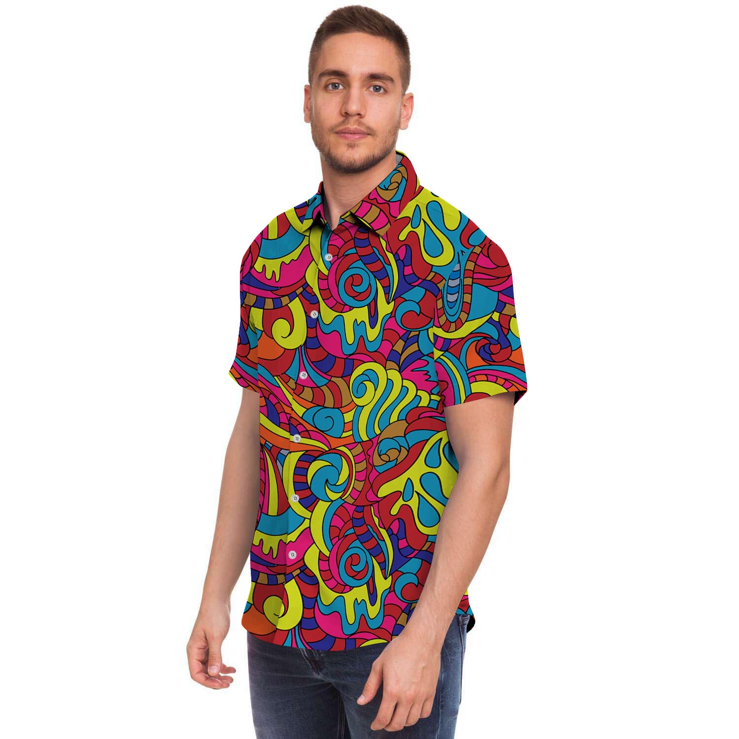 Stained Glass Psychedelic Trippy Men Print Short Sleeve Button-Up Shirts
