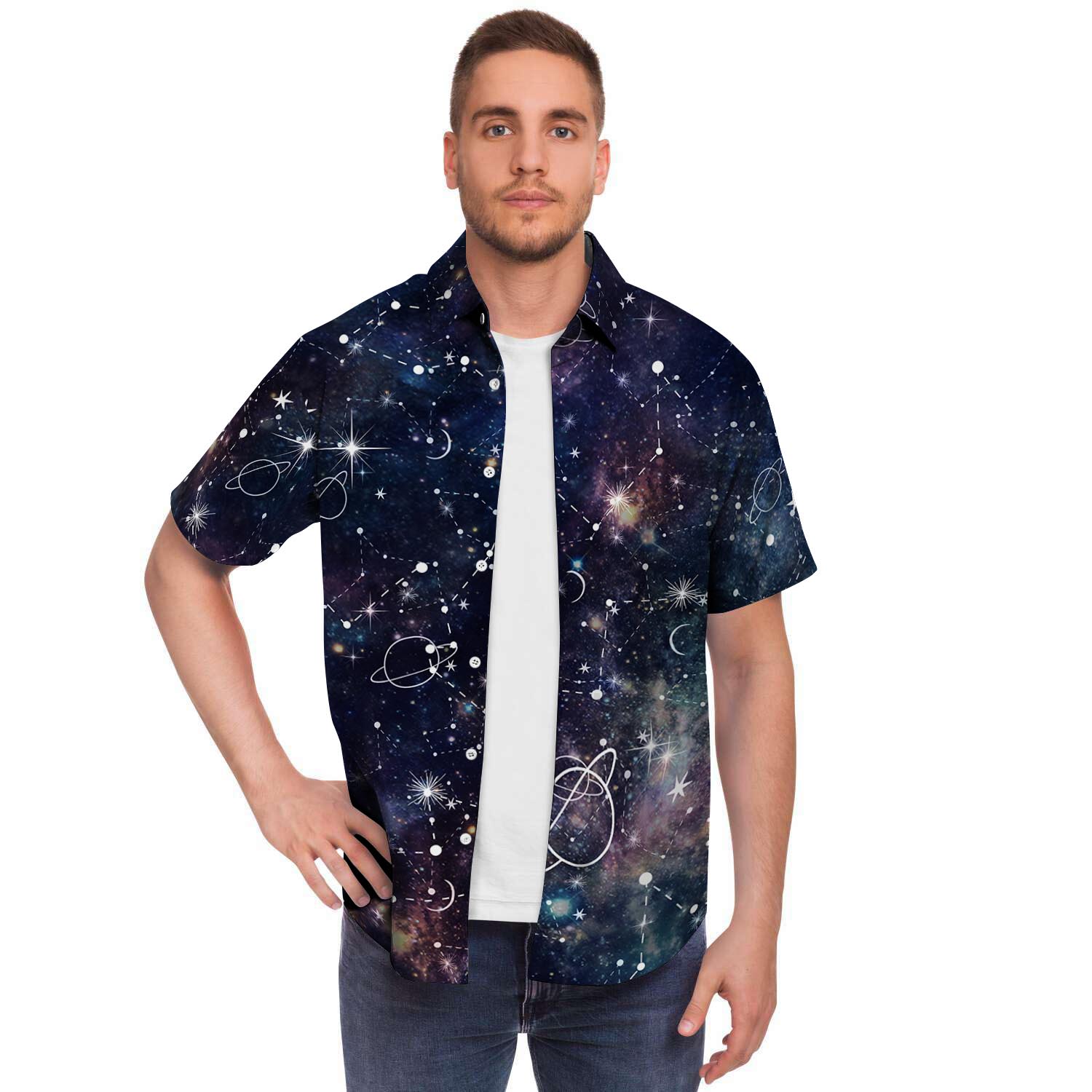 Star Constellation Galaxy Space Men Print Short Sleeve Button-Up Shirts