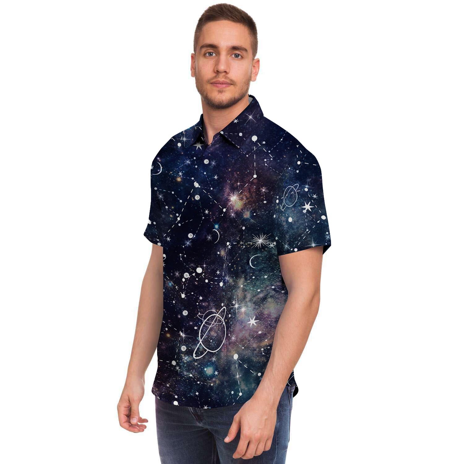 Star Constellation Galaxy Space Men Print Short Sleeve Button-Up Shirts