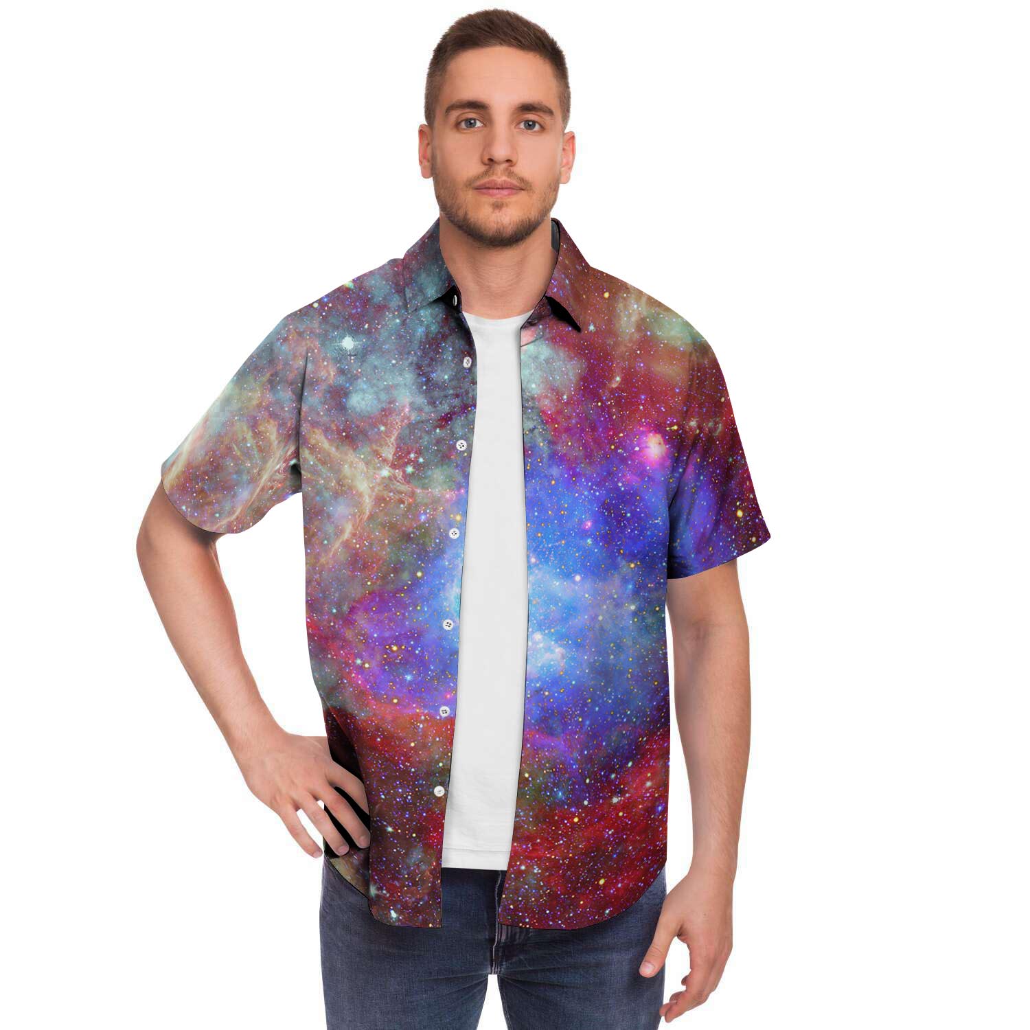Star Nebula Galaxy Space Men Print Short Sleeve Button-Up Shirts