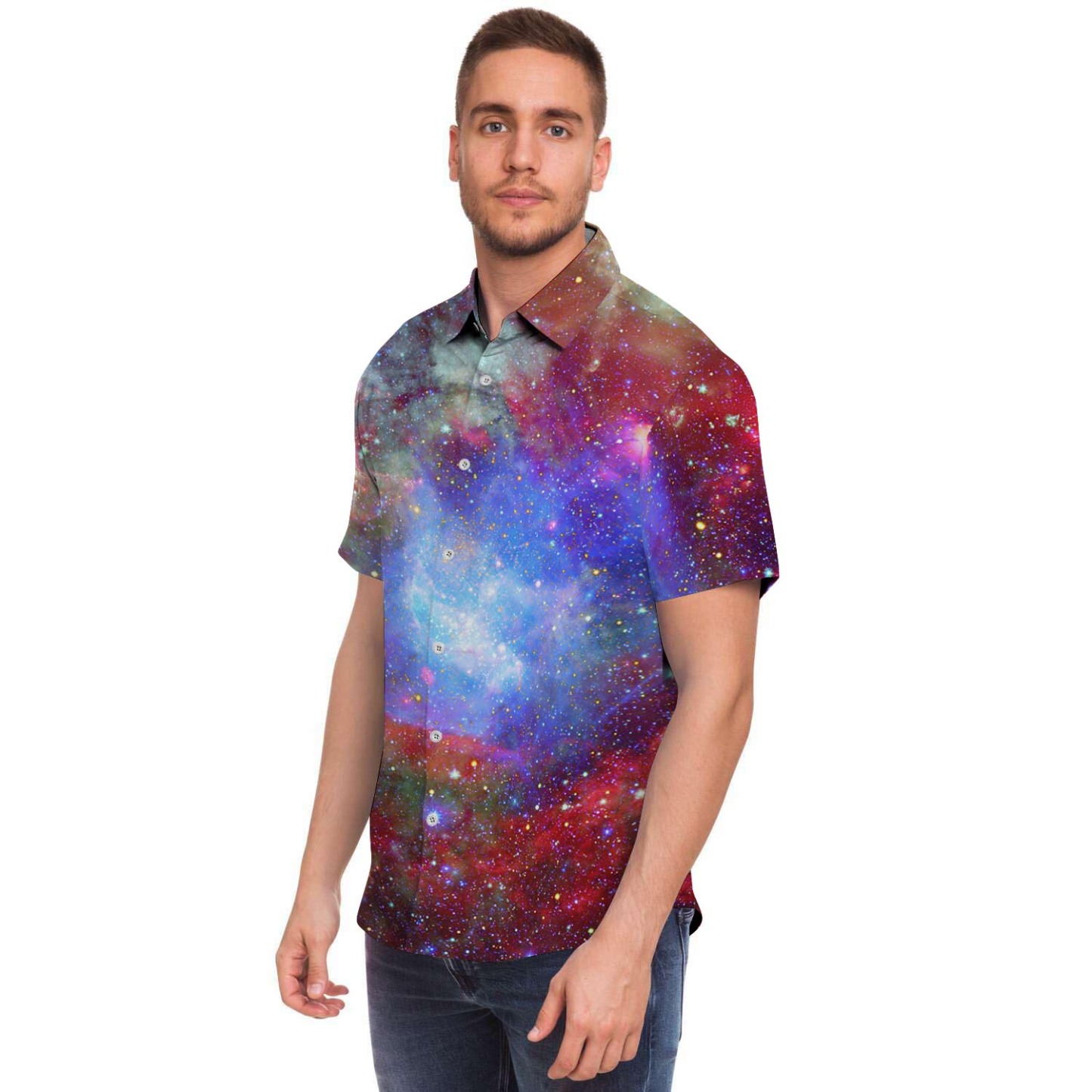 Star Nebula Galaxy Space Men Print Short Sleeve Button-Up Shirts