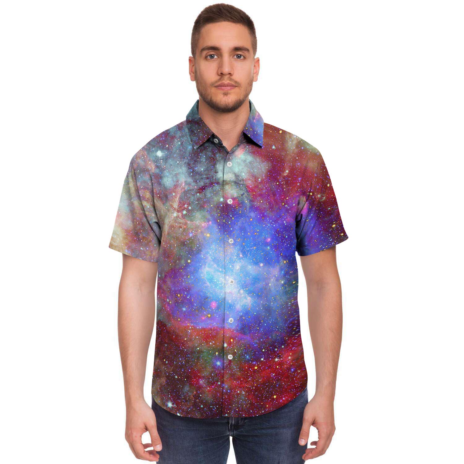 Star Nebula Galaxy Space Men Print Short Sleeve Button-Up Shirts