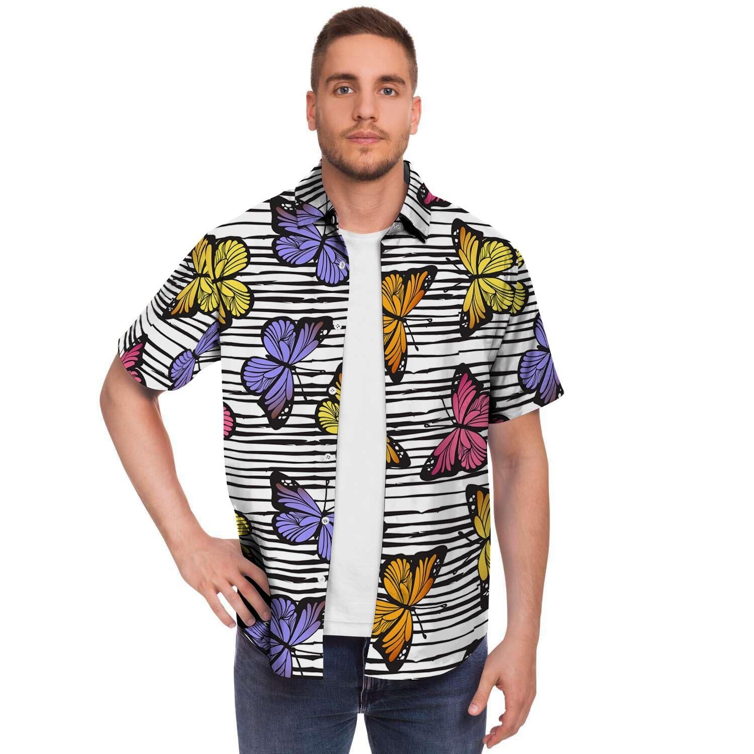 Striped Butterfly Print Men Print Short Sleeve Button-Up Shirts