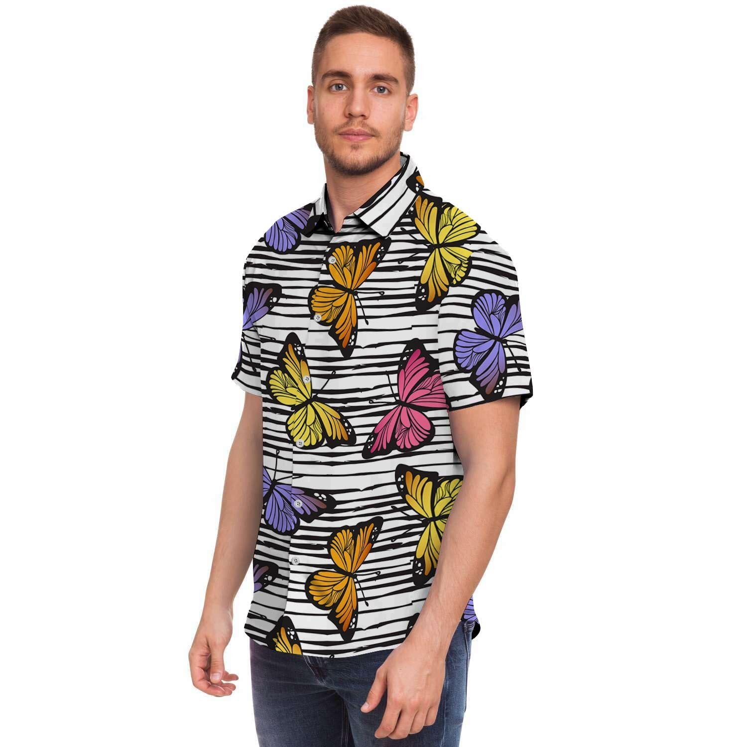 Striped Butterfly Print Men Print Short Sleeve Button-Up Shirts