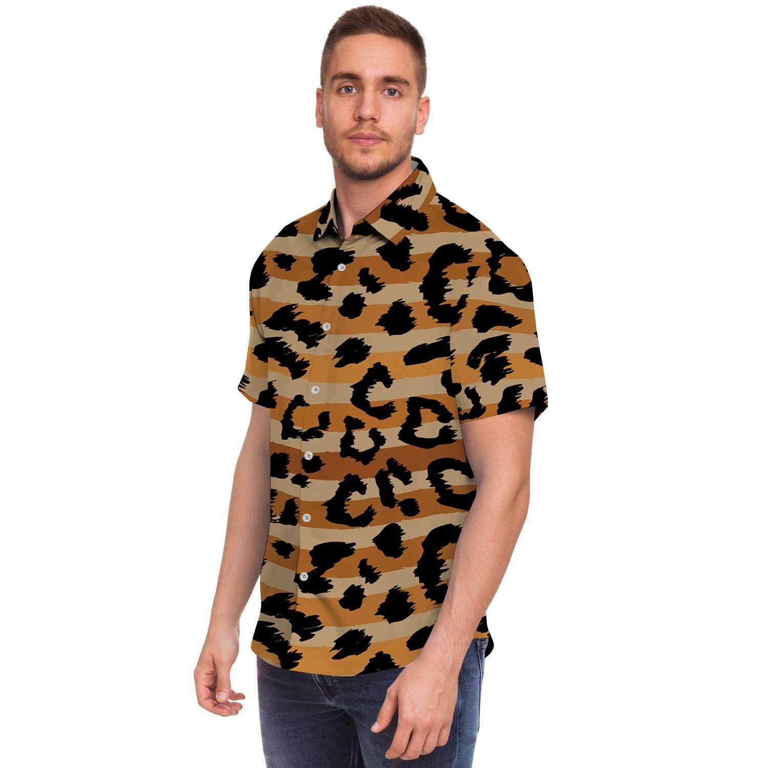 Striped Leopard Men Print Short Sleeve Button-Up Shirts