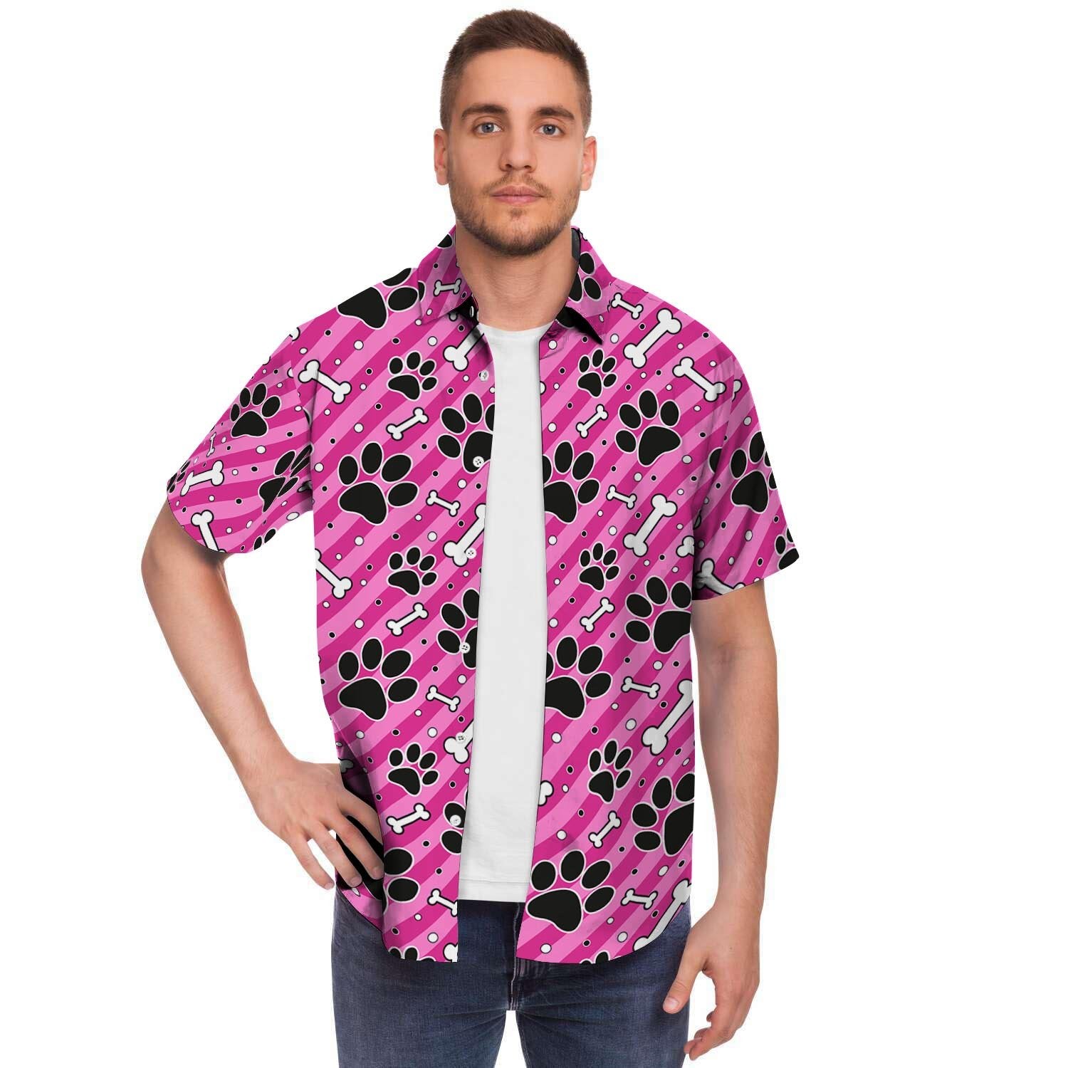 Striped Pink Paw Men Print Short Sleeve Button-Up Shirts