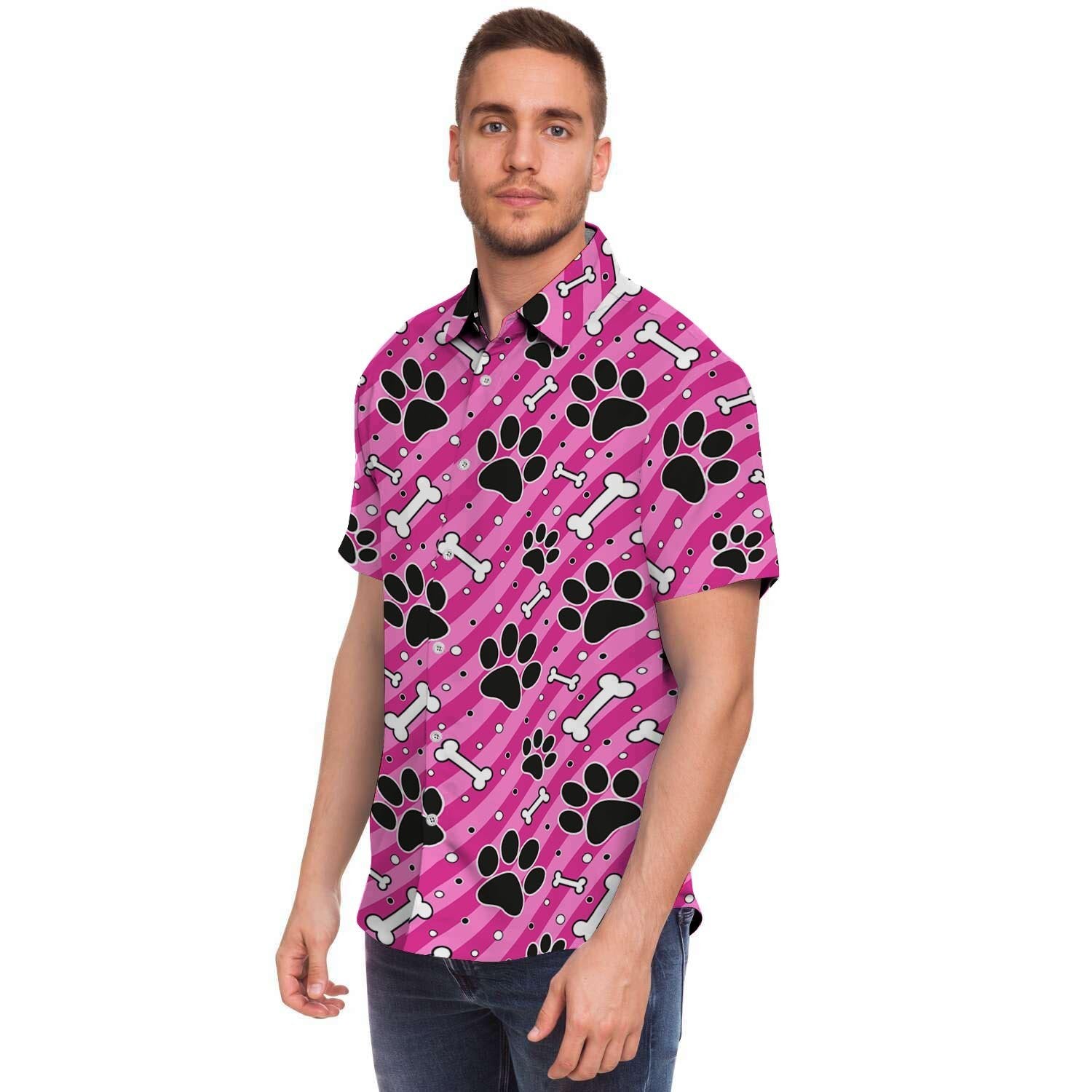 Striped Pink Paw Men Print Short Sleeve Button-Up Shirts