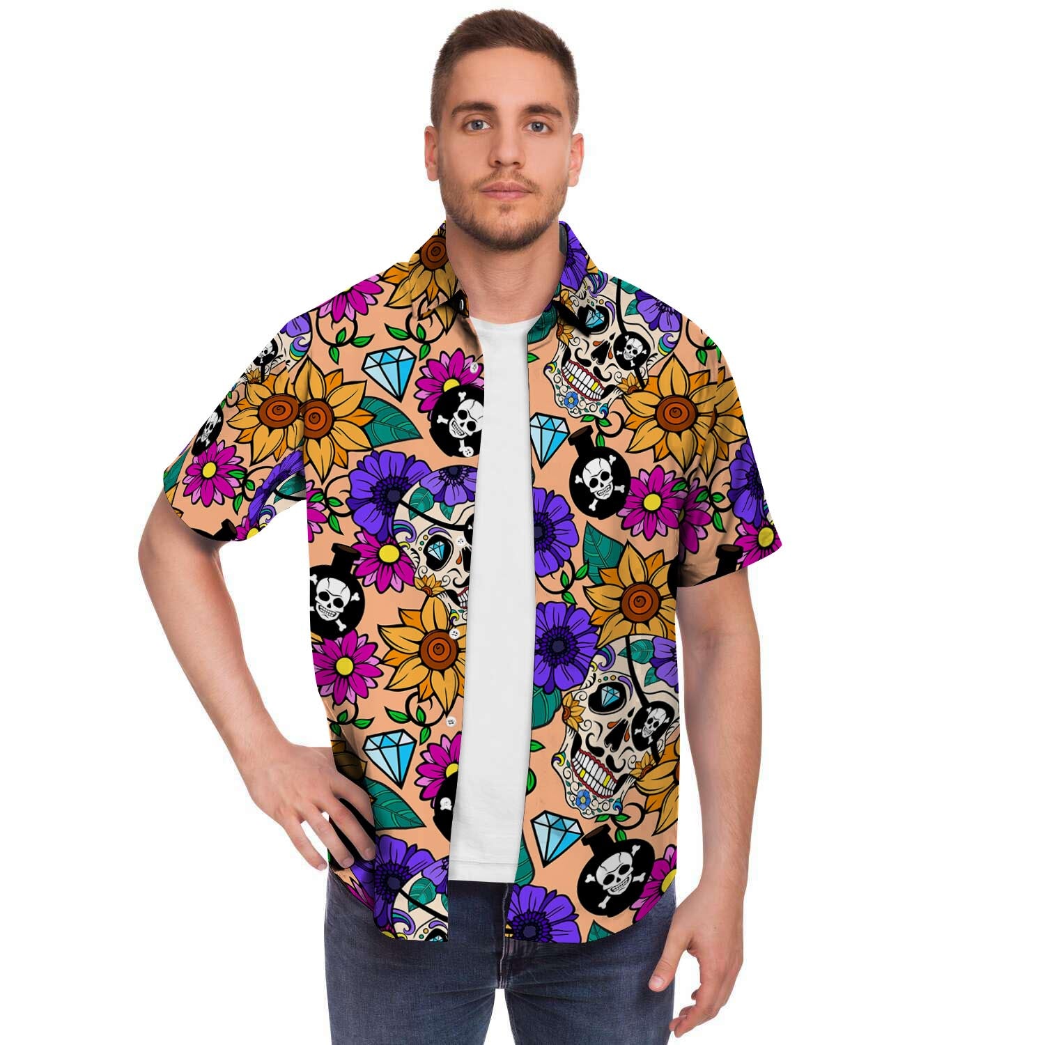 Sugar Skull Flower Men Print Short Sleeve Button-Up Shirts