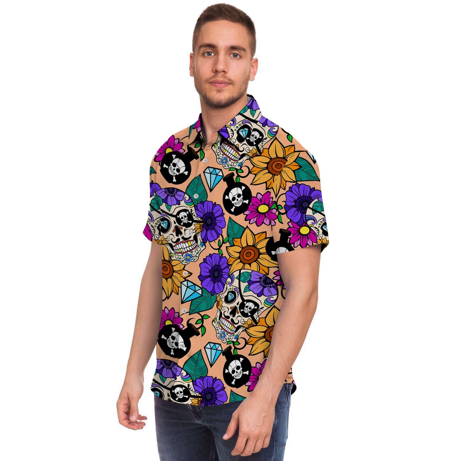 Sugar Skull Flower Men Print Short Sleeve Button-Up Shirts