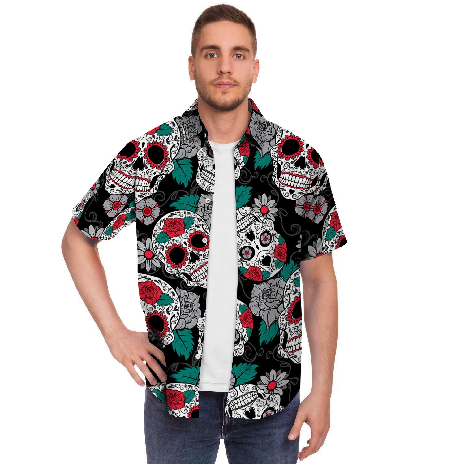 Sugar Skull Men Print Short Sleeve Button-Up Shirts