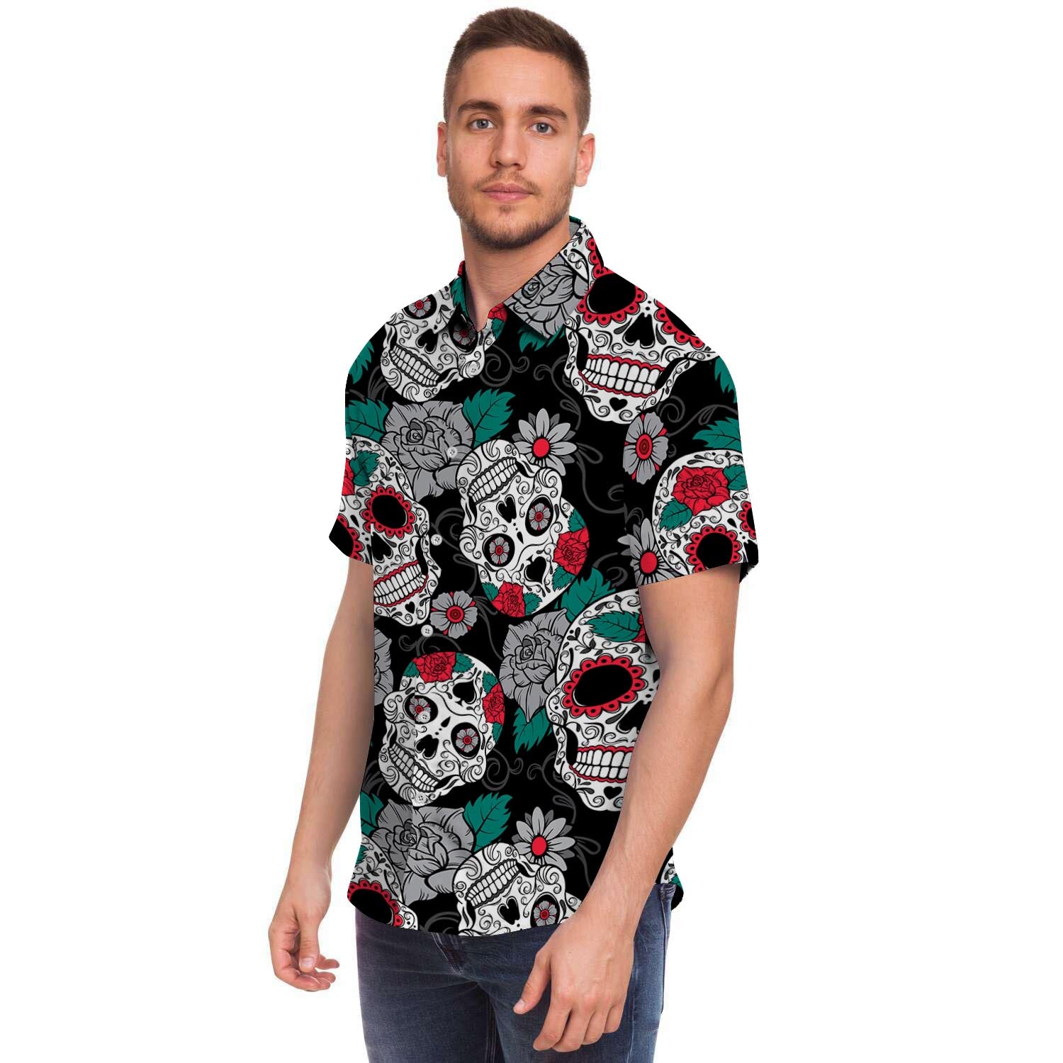 Sugar Skull Men Print Short Sleeve Button-Up Shirts