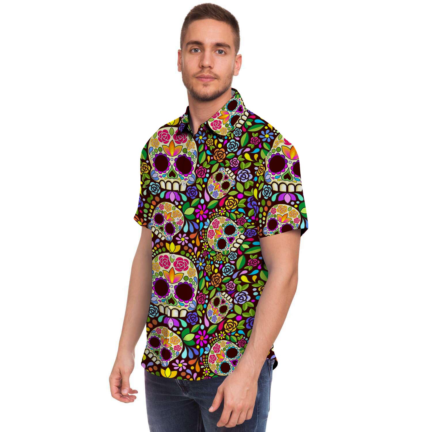 Sugar Skull Mexican Floral Men Print Short Sleeve Button-Up Shirts