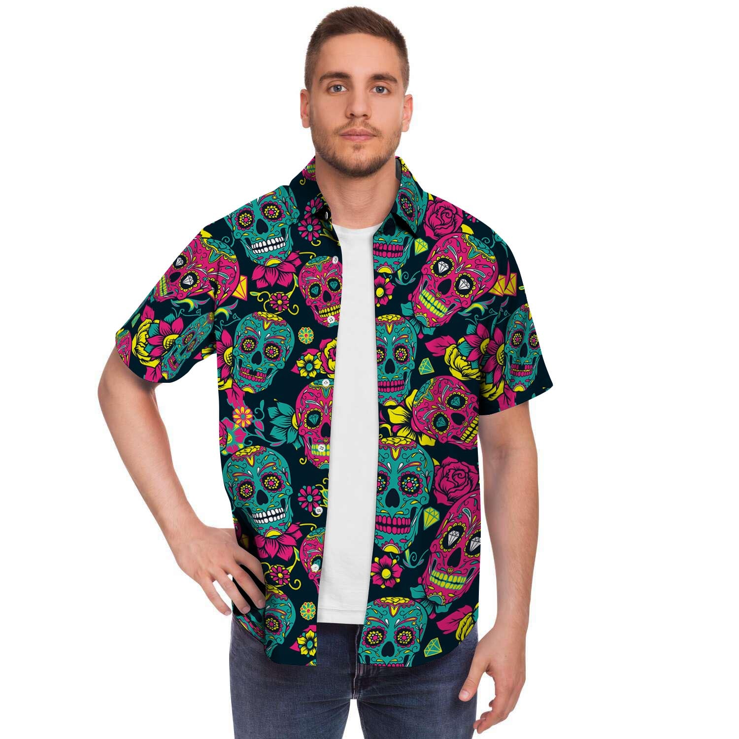 Sugar Skull Print Men Print Short Sleeve Button-Up Shirts