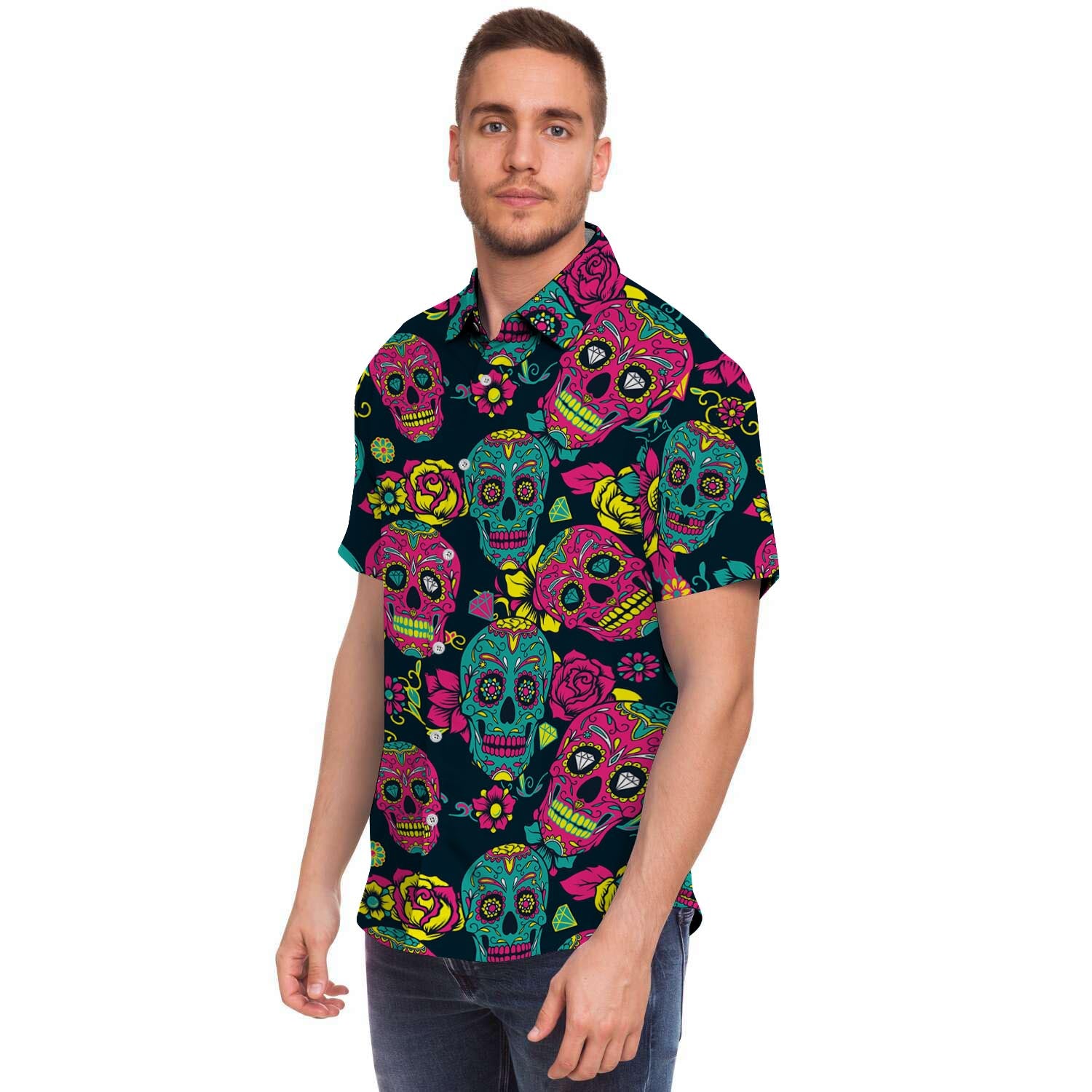 Sugar Skull Print Men Print Short Sleeve Button-Up Shirts