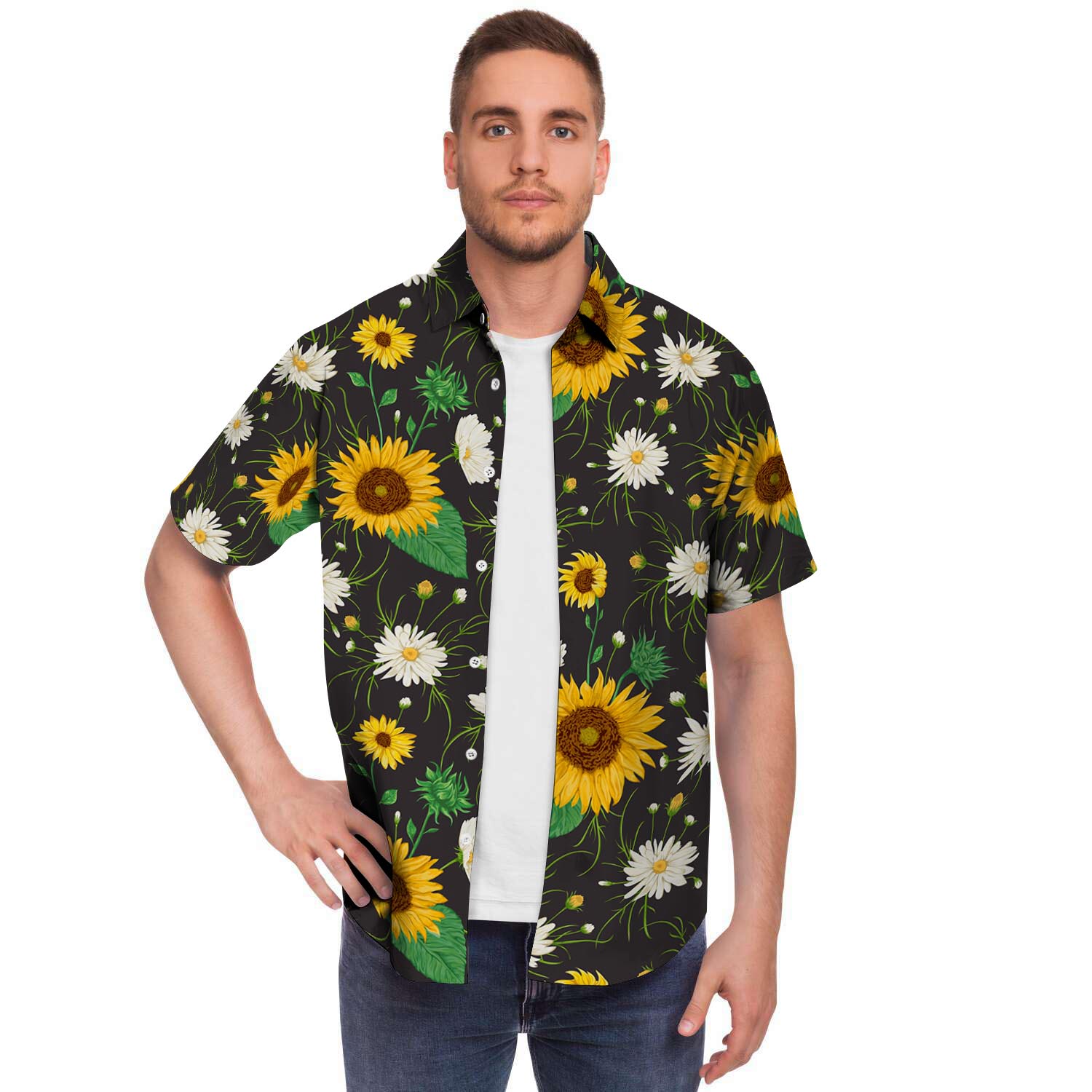 Sunflower And Chamomile Men Print Short Sleeve Button-Up Shirts
