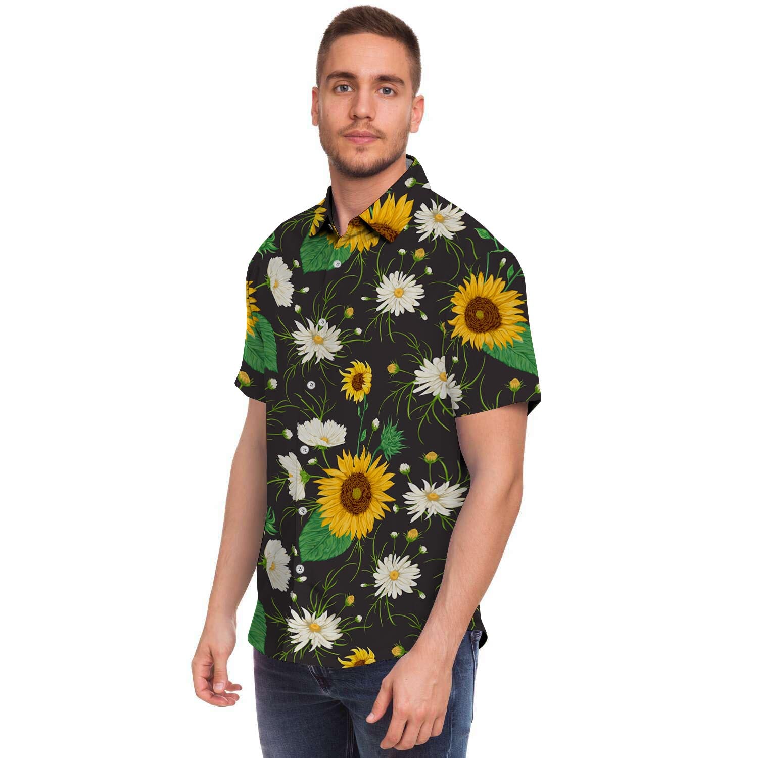 Sunflower And Chamomile Men Print Short Sleeve Button-Up Shirts