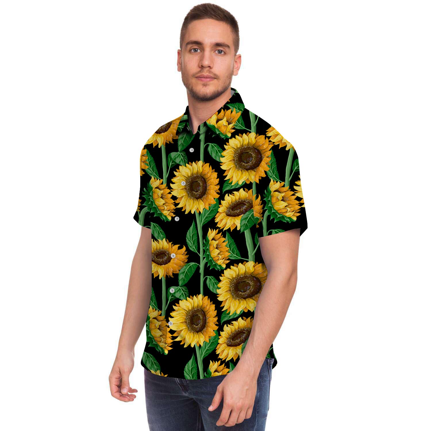 Sunflower Black Print Men Print Short Sleeve Button-Up Shirts