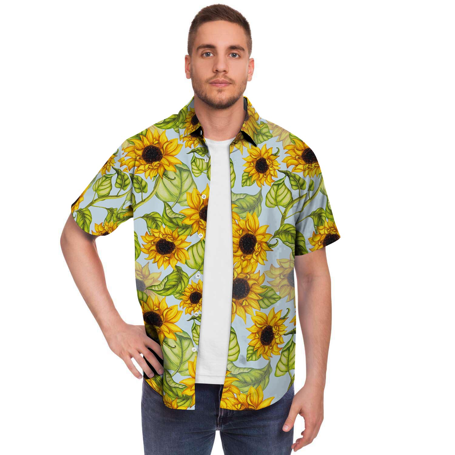 Sunflower Blue Men Print Short Sleeve Button-Up Shirts