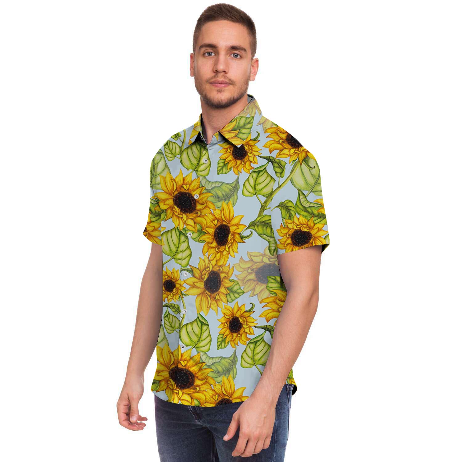 Sunflower Blue Men Print Short Sleeve Button-Up Shirts
