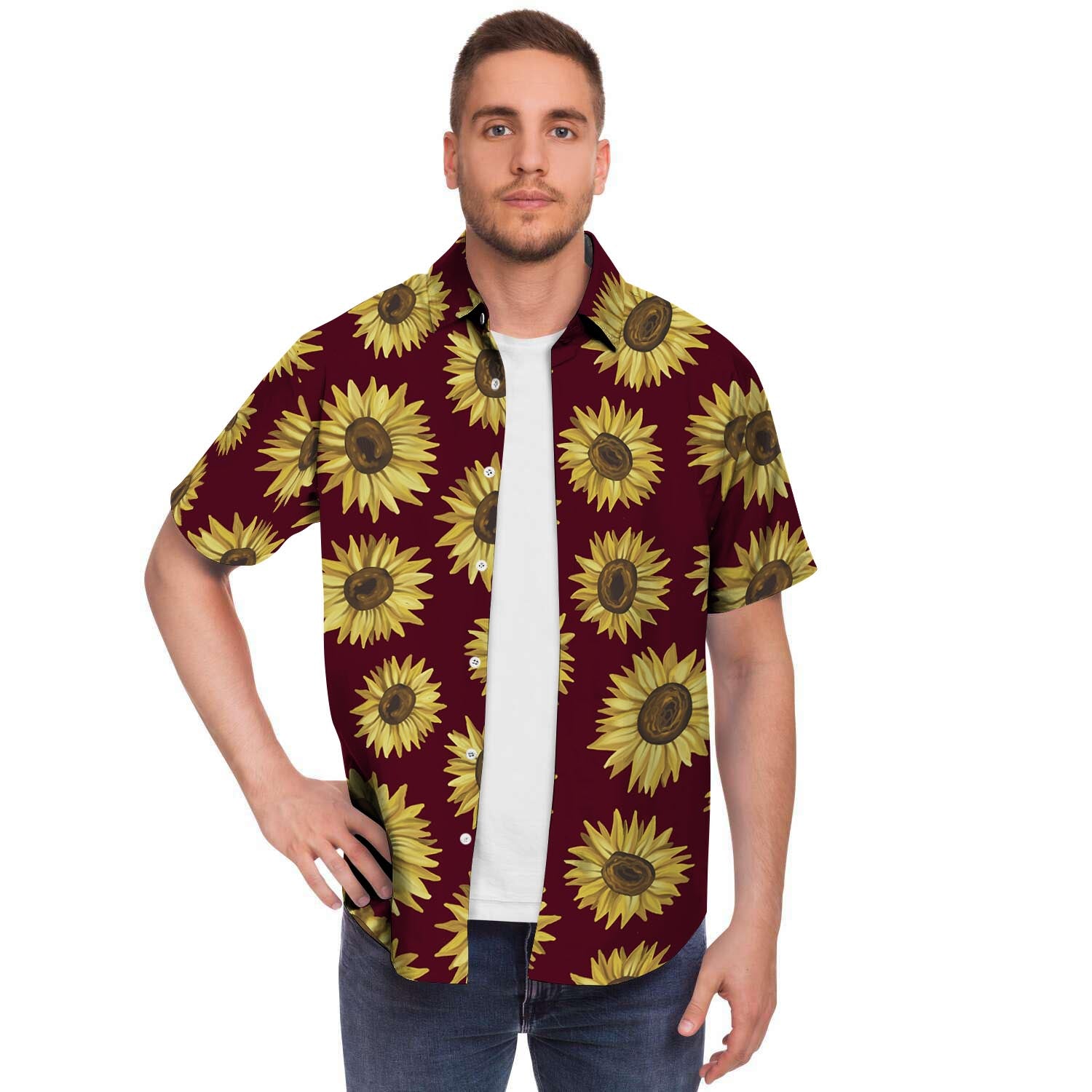 Sunflower Brown Men Print Short Sleeve Button-Up Shirts