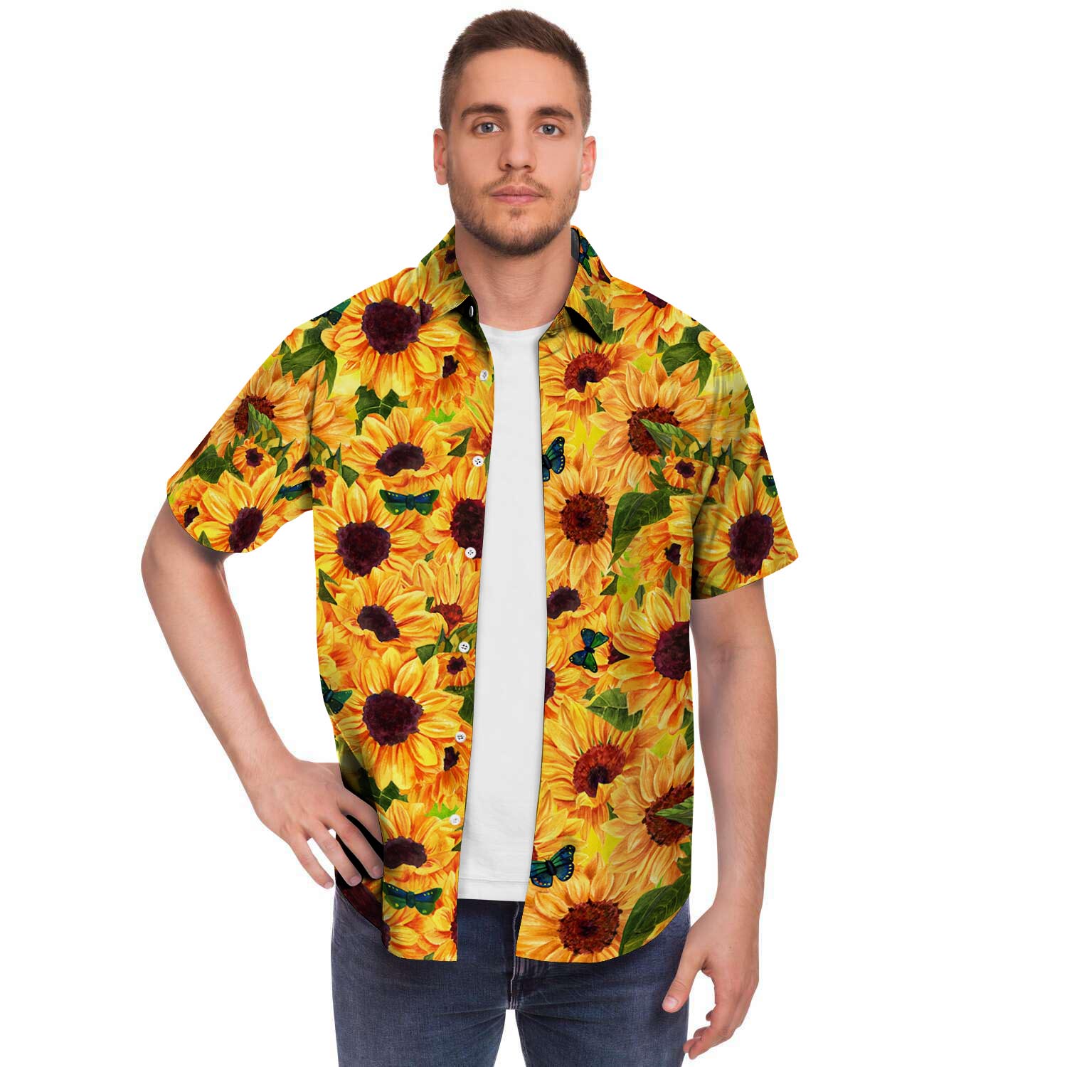 Sunflower Butterfly Men Print Short Sleeve Button-Up Shirts
