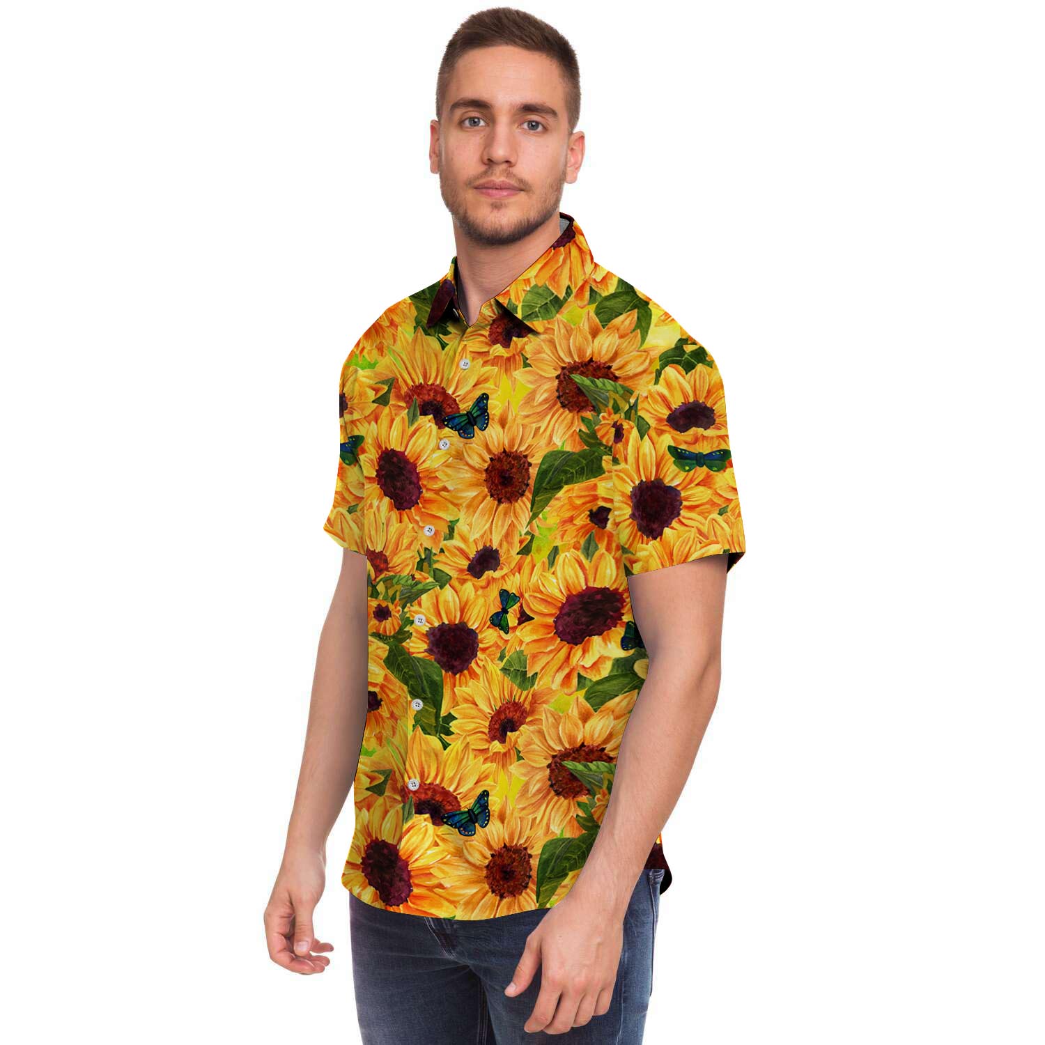 Sunflower Butterfly Men Print Short Sleeve Button-Up Shirts