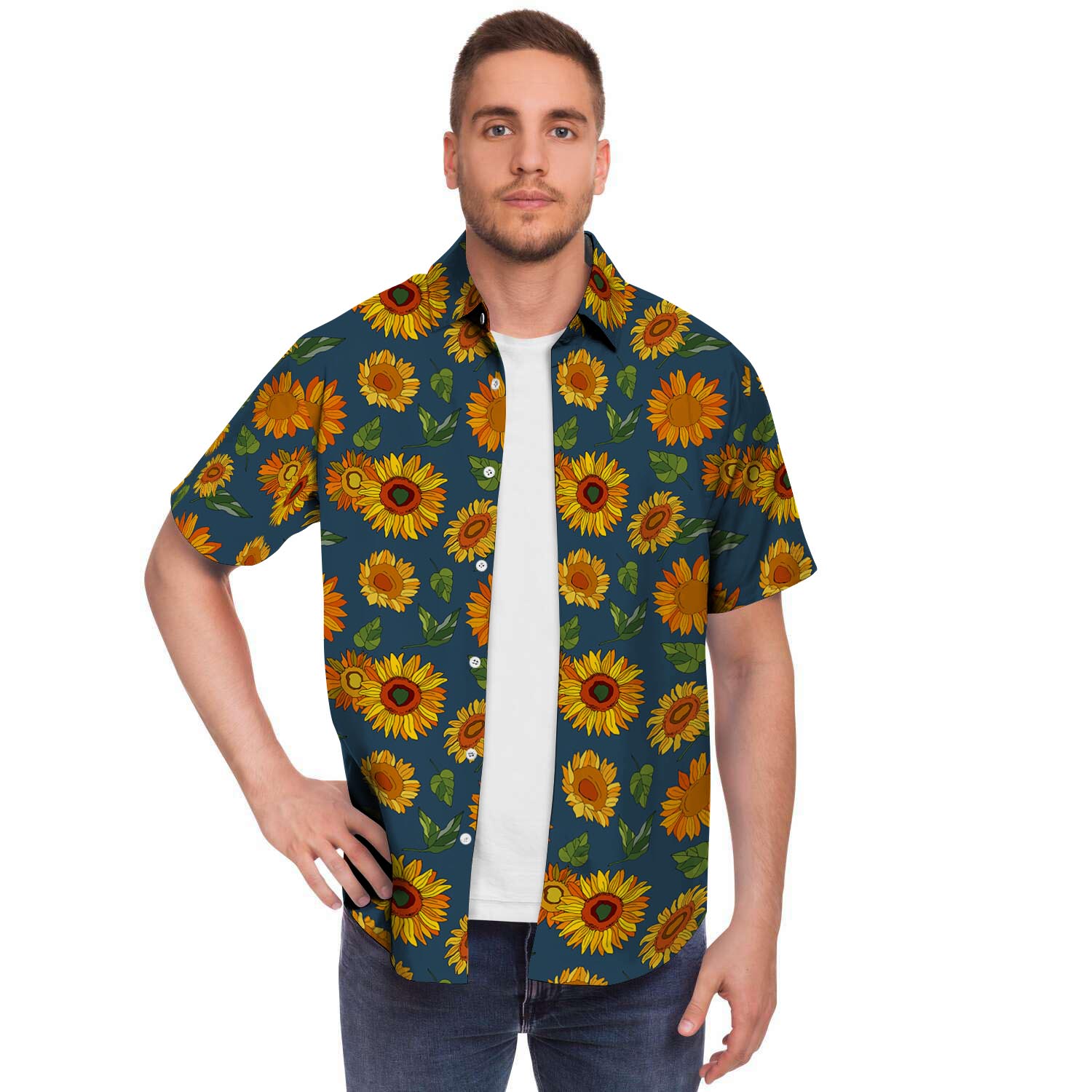 Sunflower Print Men Print Short Sleeve Button-Up Shirts