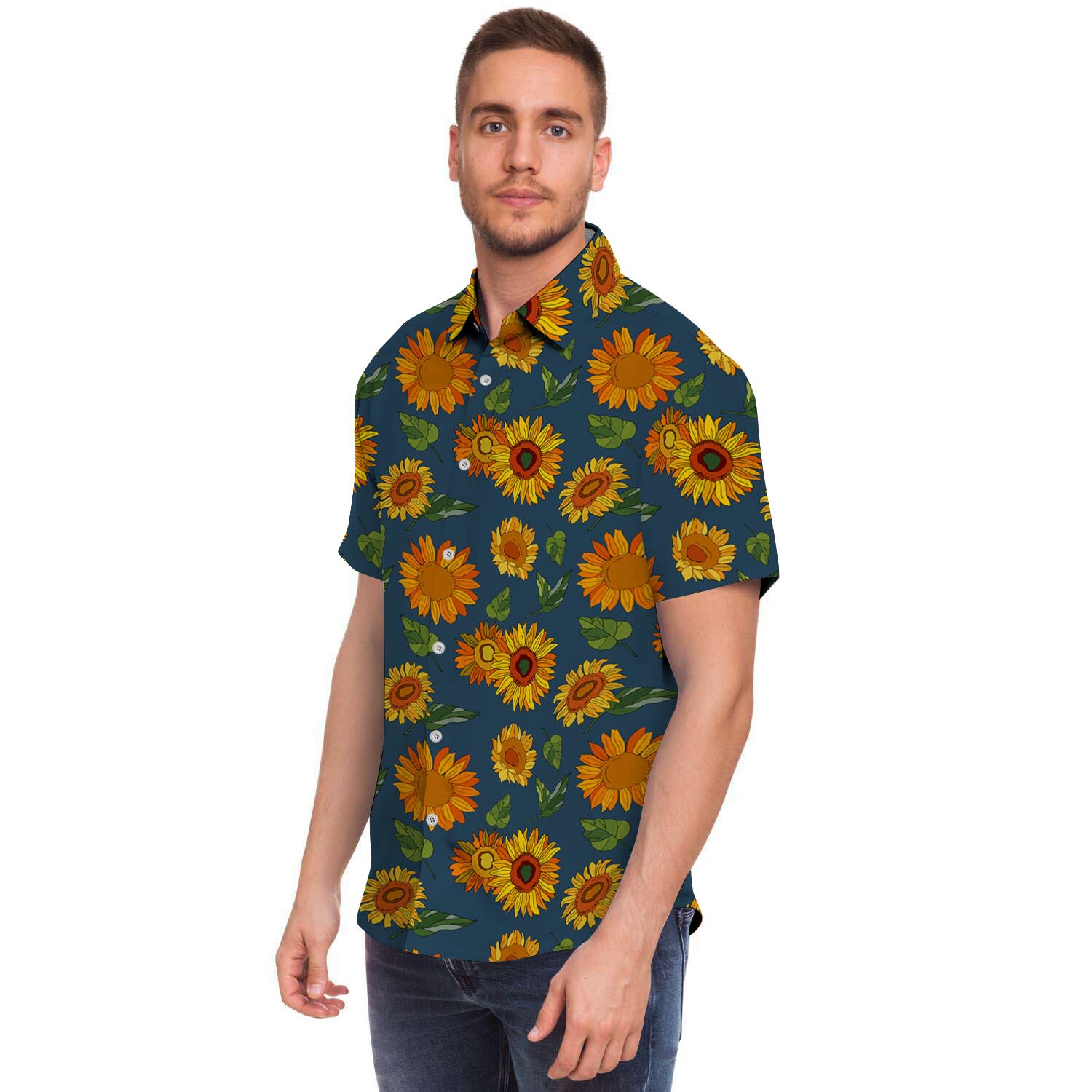 Sunflower Print Men Print Short Sleeve Button-Up Shirts