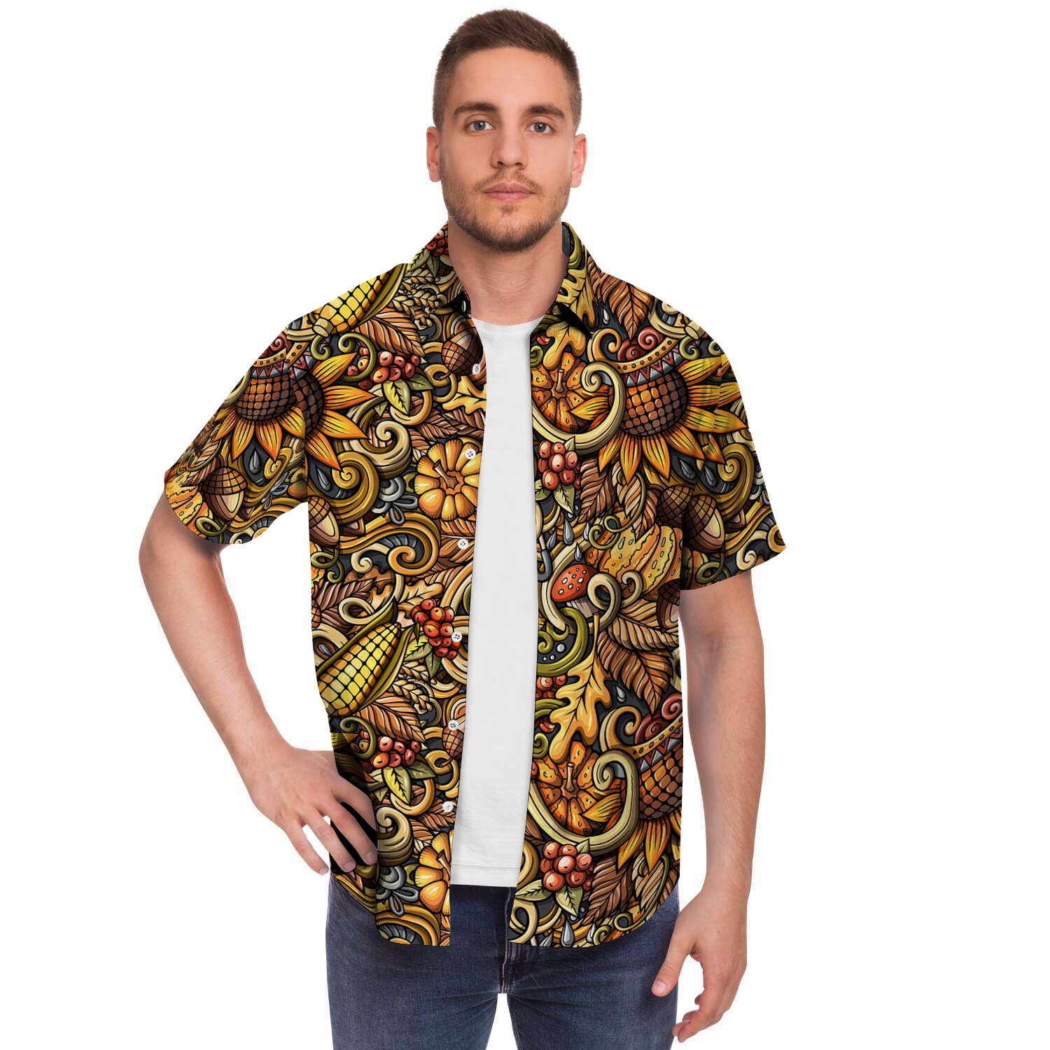 Sunflower Psychedelic Men Print Short Sleeve Button-Up Shirts