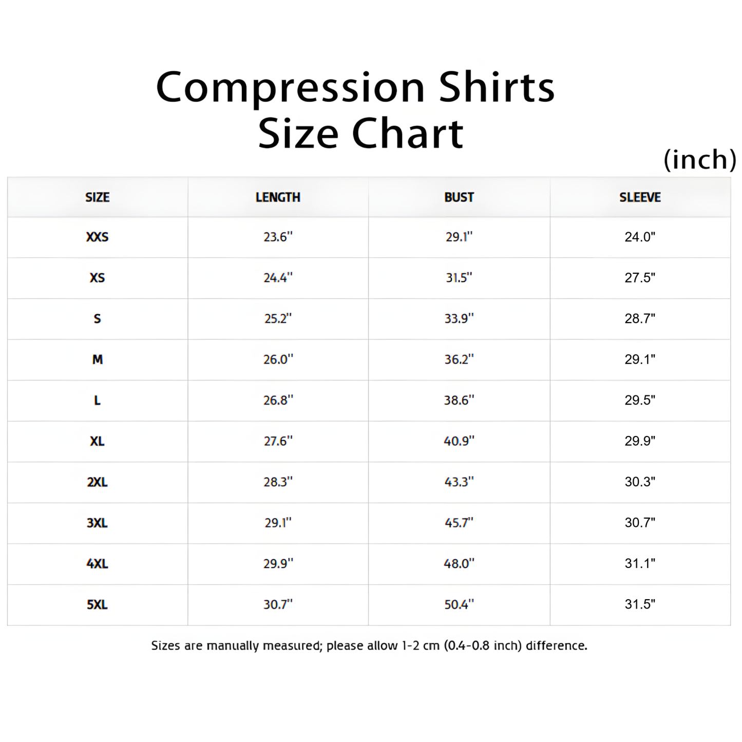 Compression Shirts Size Chart (inch)