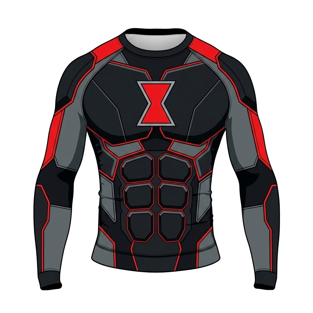 Superhero Black Widow Stealth Armor Black and Red Long Sleeve Compression Shirt