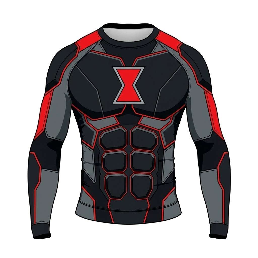Superhero Black Widow Stealth Armor Black and Red Long Sleeve Compression Shirt