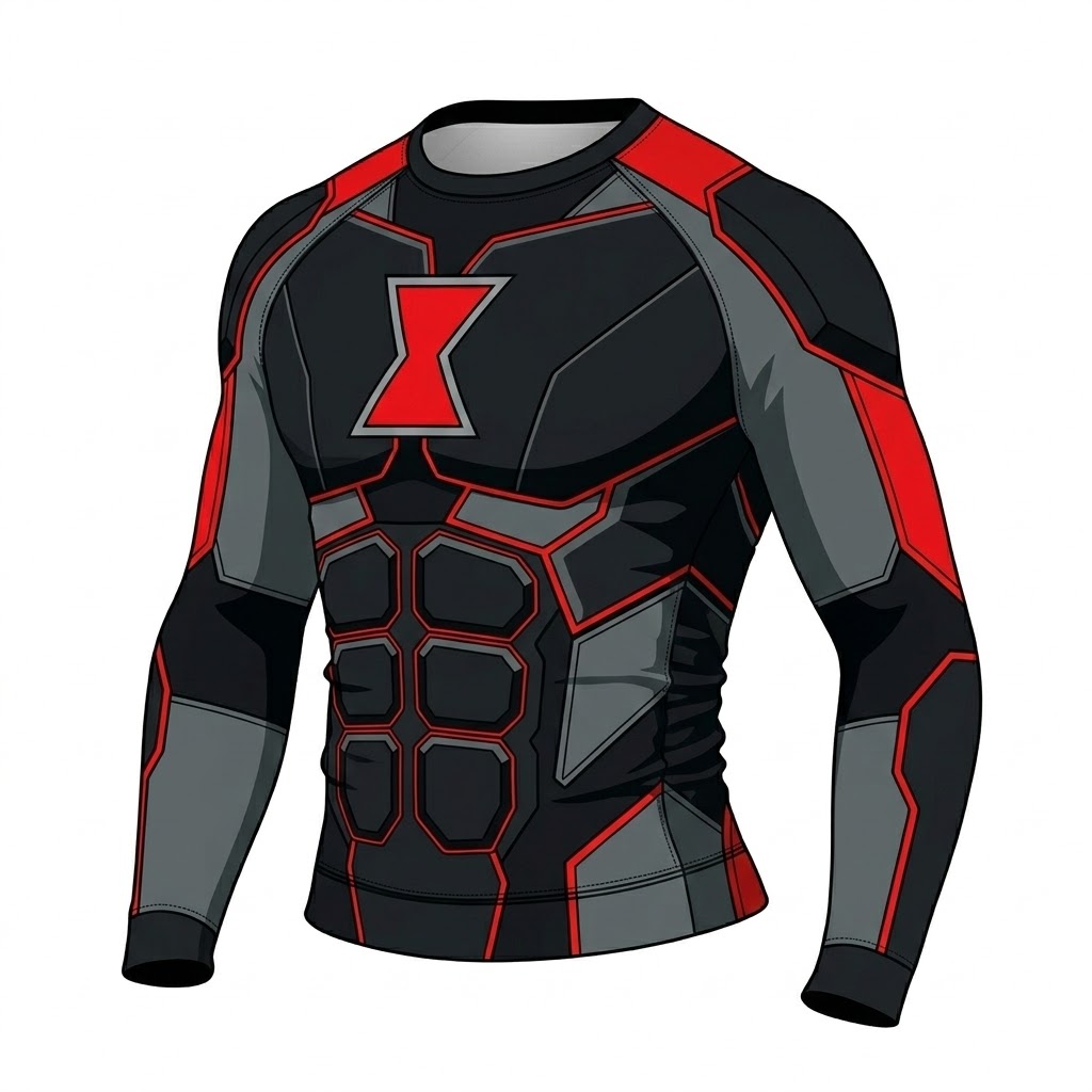 Superhero Black Widow Stealth Armor Black and Red Long Sleeve Compression Shirt