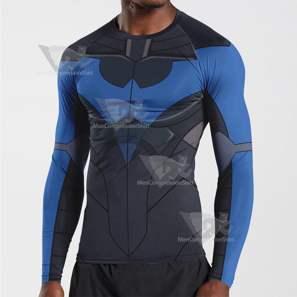 Superhero Nightwing Black Blue Long Sleeve Compression Shirt